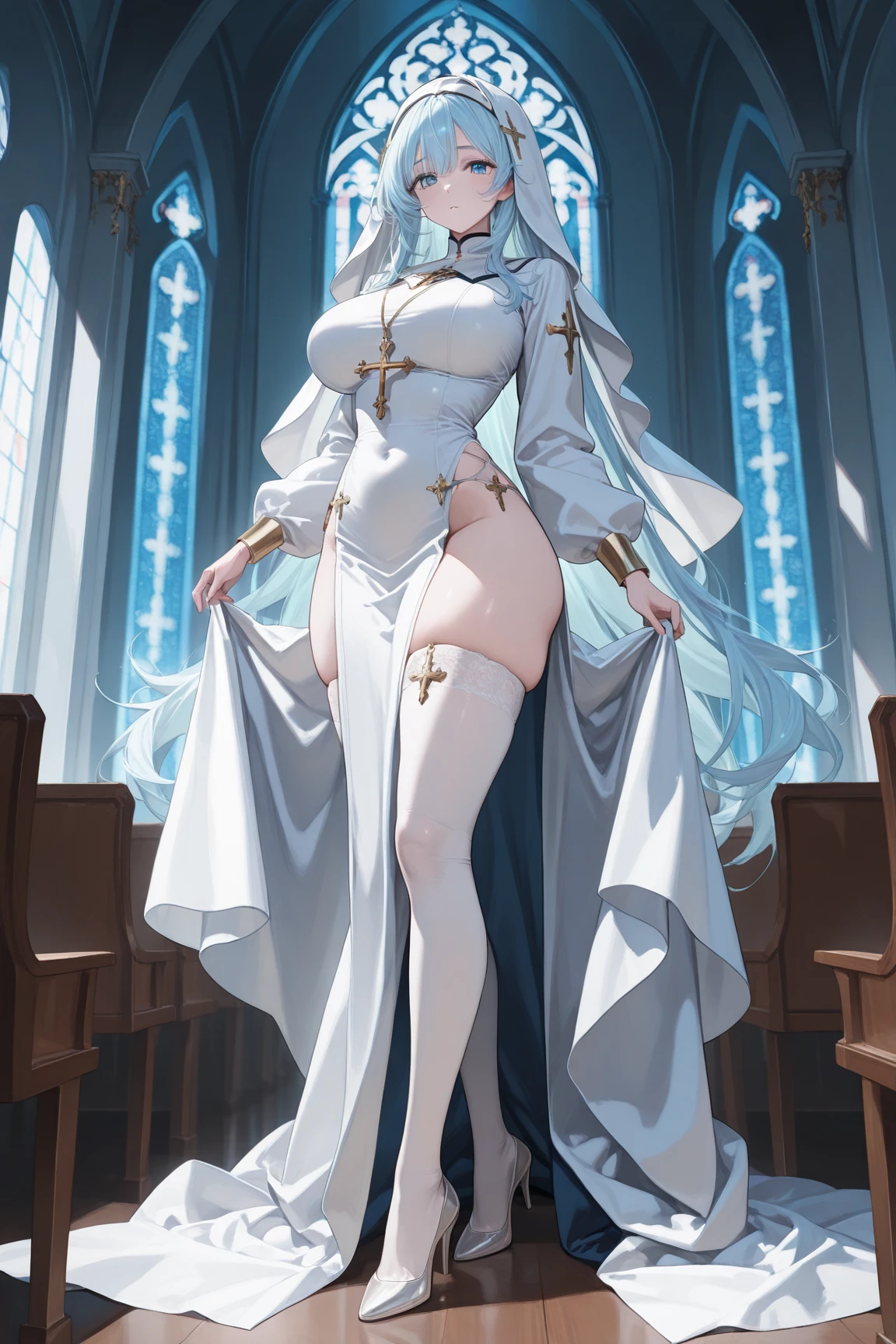 Light blue hair, long hair, yellow eyes, tight nun dress, in church, sitting, legs, massive boobs, massive ass