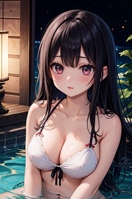 masterpiece, high resolution, high quality, open-air bath, night, purple bath towel, small breasts, cat ears, cat tail, red eyes, NSFW, black hair, ponytail