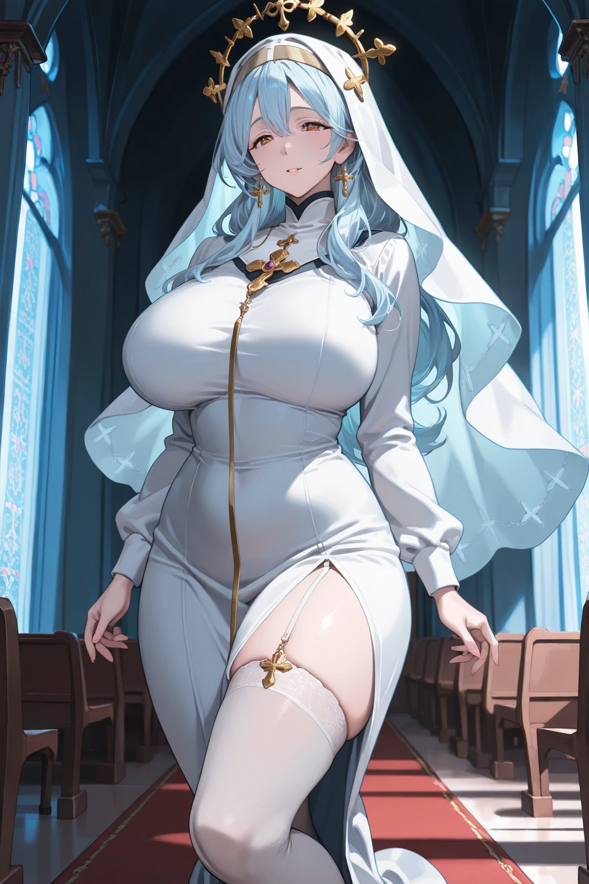 (((Alone))),(((Woman))),(((Big breasts))),(((White Rabbit Ear))),(((White hair))),(((Thin waist ))),(((Thick thighs))),(((Reddish pink eyes))),(((wearing a nun's outfit)))