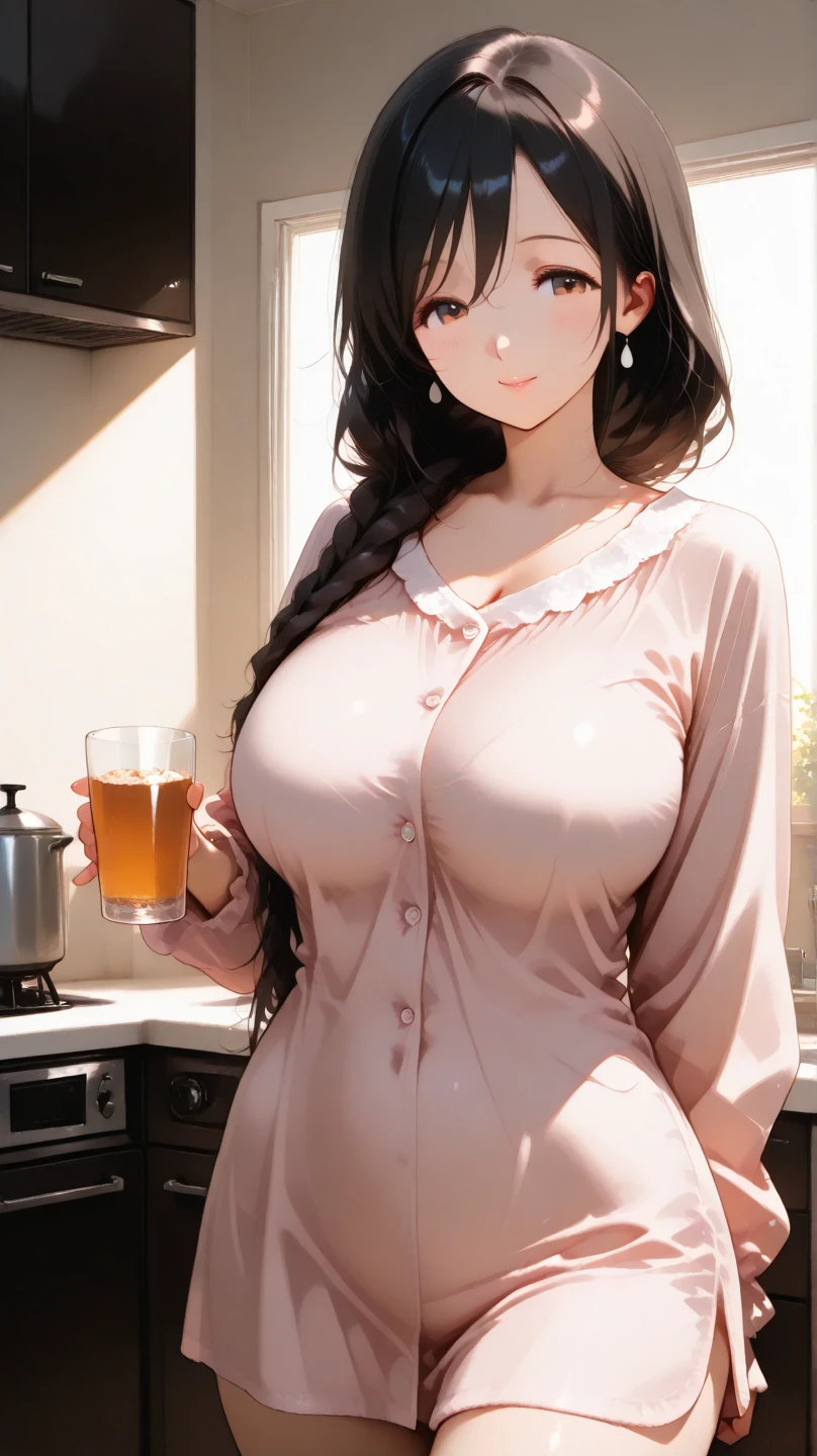 1girl, solo, hair ornament, (naked:1.3), (white apron), large breasts, cleavage, thighs, kitchen background, (blushing:1.3), naga, brown hair, ponytail, golden eyes, dark skin, gal, naga, lewd, she is wet and in sourcream, cream over the face, eggplant, holding a big eggplant