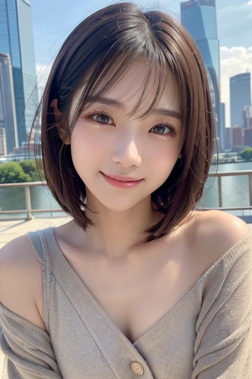 (((Close-up of face)))、(((Absolutely shoulder-length brown straight short bob)))、(((She is posing like a model in a hair salon with an office district in the background.)))、(((Wearing a business suit, which is popular among Japanese women)))、Half Japanese, half Korean、18 year old girl、Standing Alone、Looking forward、Light eye makeup、Brown Hair Color、Flat and 、Hair blowing in the wind、Actress Quality、Glossy, ultra-realistic face、Smiling face、Watery eyes、Gazing Up、Subtle lighting effects、 Ultra-Realistic Capture、Very detailed、High resolution 16K close up of human skin。Skin texture must be natural、The details must be such that pores can be clearly seen、The skin is healthy、Uniform tone、Use natural light and colors、A worn-out, high-quality photo taken by a model agency's in-house photographer.、smile、(((SIGMA 300 mm F/1.4,1/1000 sec shutter,ISO 400)))
