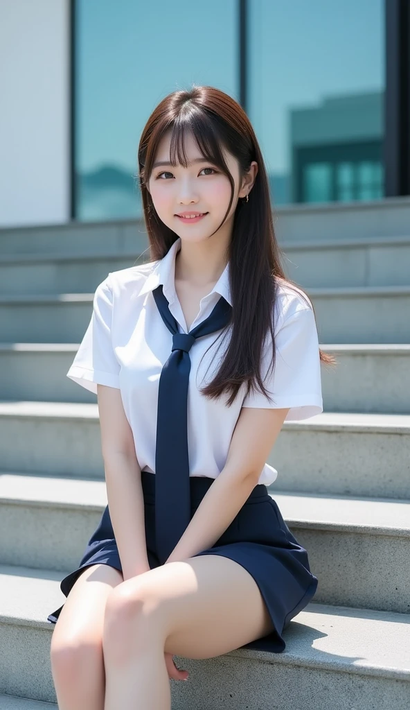 bestquality,detailed,absurdres,1 japanese girl,14 years old,large roundish armond eyes,fang,thick eyebrow,(snub nose:1.3),(flat breasts:1.3),slender,black hair,twintail,bangs,symmetry,smile,collared shirt,pleated skirt,bow,sitting
