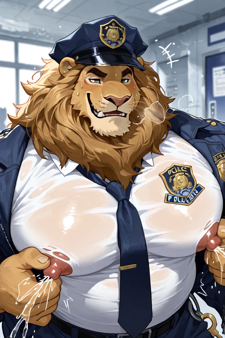 Lion, (((security guard outfit))), open shirt, showing chest, male, solo, adult, abs, ((mane)), pecs, big pecs, nipples, older, strong muscles, big mane, long mane, detailed face, beautiful eyes, muscular chest, muscular, happy face, bodybuilder body, beefy, hotel background, looking at viewer, bulge, body hair, hairy chest, by bruteandbrawn, by personalami, by kenket, (intricate, high detail, film photography, soft focus, RAW candid cinema, photorealism, realistic, photorealistic, analog style, subsurface scattering, masterpiece, best quality, ultra realistic, 8k)