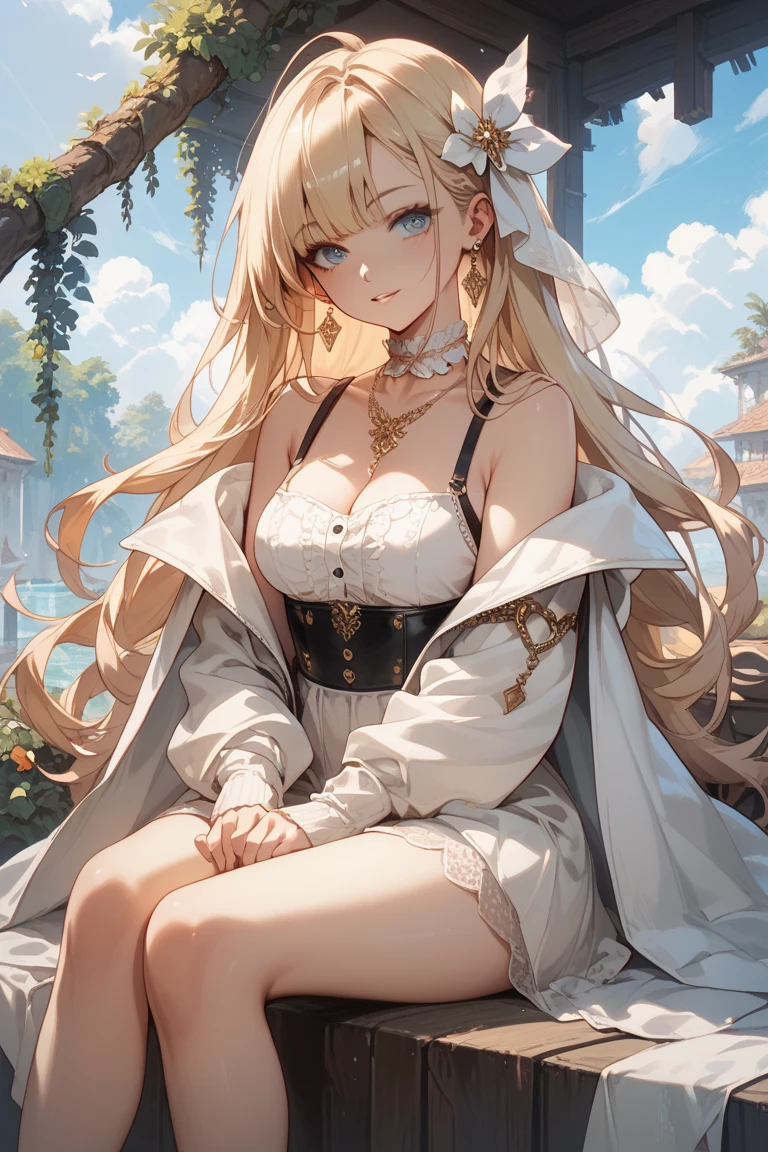 Original Character, Volumetric Lighting, Best Shadows, Shallow Depth of Field, Close Up Of Stunningly Beautiful Girl, Petite, Wide Hips, Thick Thighs, Slight Chubby, Small body, Delicate Beautiful Attractive Face With Alluring Red Eyes, Sharp Eyebrows, Half Open Eyes, Elf ears, Cute Smile, Lovely Big Breasts, Layered Long  Blond Hair With Ribbon Tied To A Part Of Hair On The Side, Blunt Bangs, Long Straight Hair, Pale Skin, Ear Piercings, Blush Eyeshadow, Thick Eyelashes, Long eyelashes, Slim Waist, White Lace Princess Dress, (Garden Background:1.1) , Sitting Down, Sitting in Stream of water, Posing, (Highest Quality, Amazing Details:1.25), (Solo:1.3), Brilliant Colorful Paintings, Looking At Viewer
