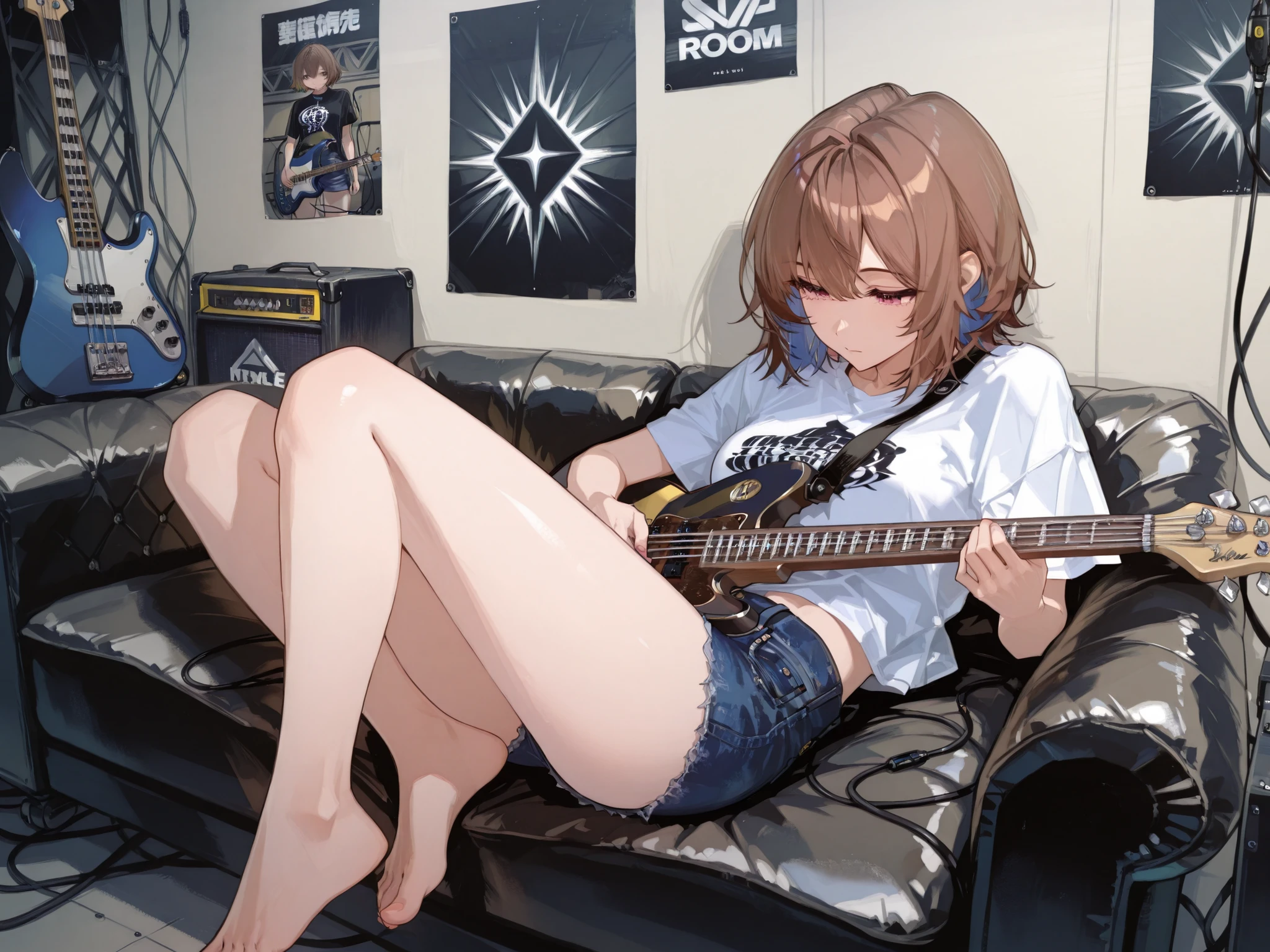 A girl deeply immersed in playing a bass guitar, lounging on a black leather sofa in a live studio backstage room. She has brown hair with sky blue mesh highlights, styled in a medium, slightly messy cut. She wears a graphic print T-shirt, denim hot pants, and is barefoot. The room has a slightly cluttered, lived-in feel typical of music venues, with cables, equipment cases, and posters in the background. The mood is gritty but passionate, capturing the intensity of her performance and her laid-back, edgy style.
