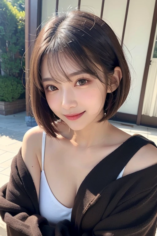 Beautiful girl, Hair that falls over the shoulders, Clear Eyes, Smooth Hair, Exquisite and perfect features, The most beautiful big eyes, Long eyelashes, The gentle eyes of a lying silkworm, Pouting, Dynamic Angle, Ultimate image quality, Highest precision, Accurate and perfect human body, necklace, bust, close, Outdoor, The background is flowers and plants, Long Shot,Short Bob Hair、Sexy Dress