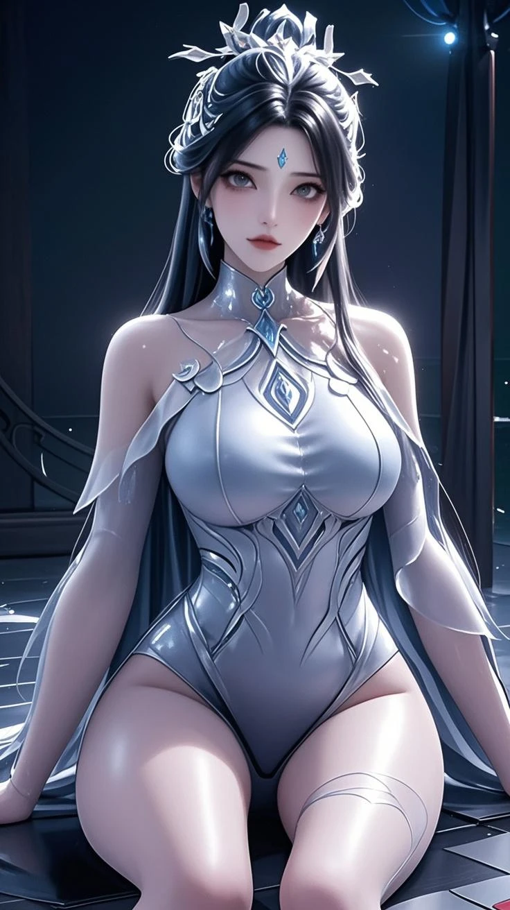 (best quality),(masterpiece), (highres), original, extremely_detailed_wallpaper, ((1girl)), (hair_ornament), (huge breasts:1.2),full body, beautiful_detailed_eyes, (blonde_hair), long_hair, (long_ponytail), blue_eyes, (seductive_smile), ((delicate_face)), high_heels, ((oil_skin:1.2)),(full_body), 8K, ultra high resolution, (NFV), super detailed, Shiny detailed hair, detailed face, whole body, fantastic landscape, One, I look at the viewer, {{Best quality}}, {{Masterpiece}}, {{ultra detailed}}, {Detailed light}, ultra high quality eyes, detailed eyes, Perfect eyes, Big eyes, long hair, Beautiful, Skinny body, promiscuous, Erotic, blushing, Ahegao, ((Eye colour: Icy blue, Hair colour: black hair, Body size: Plum, Skin colour: Snow White, Clothing style: President suit, Clothing color: Black and White)), ((Pose: Seating on the boss chair, holding a file, and leaning on the back rest))
