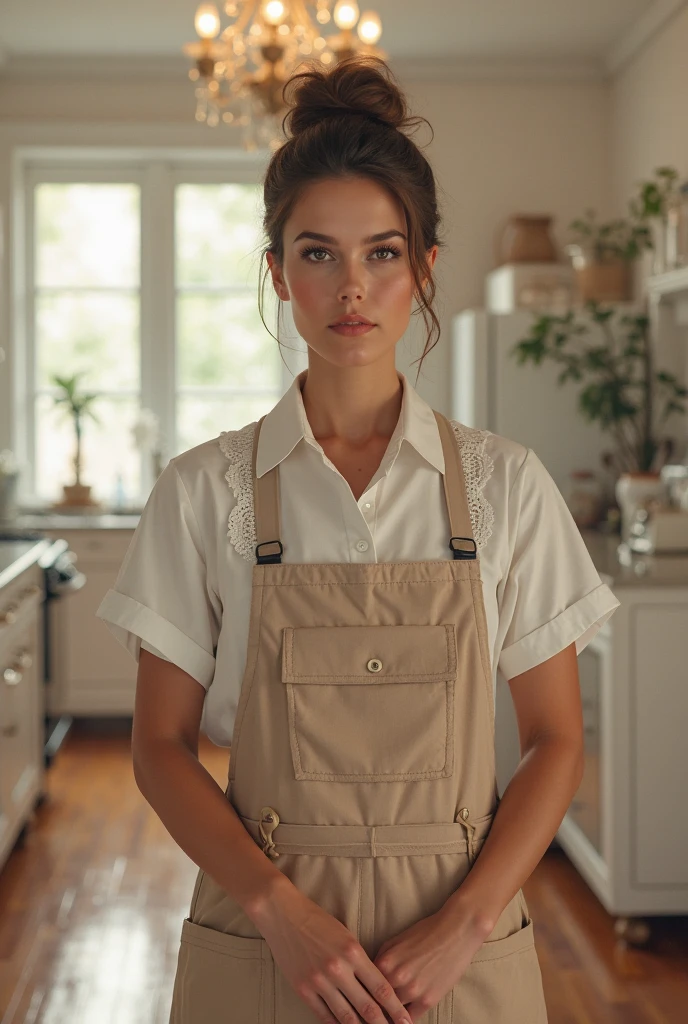 (((SFW))), a portrait of a pole, undercut hair, maid, freckles, apron, big breast, amazing body, pronounced feminine feature, legwear suspenders, close up, skin covered by flour, (beautiful old kitchen in wooded cabin:1.4)