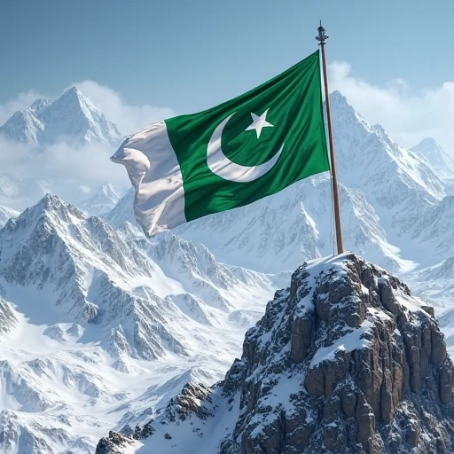 Pakistan  big flag moving in the air at the top of mountain in wild