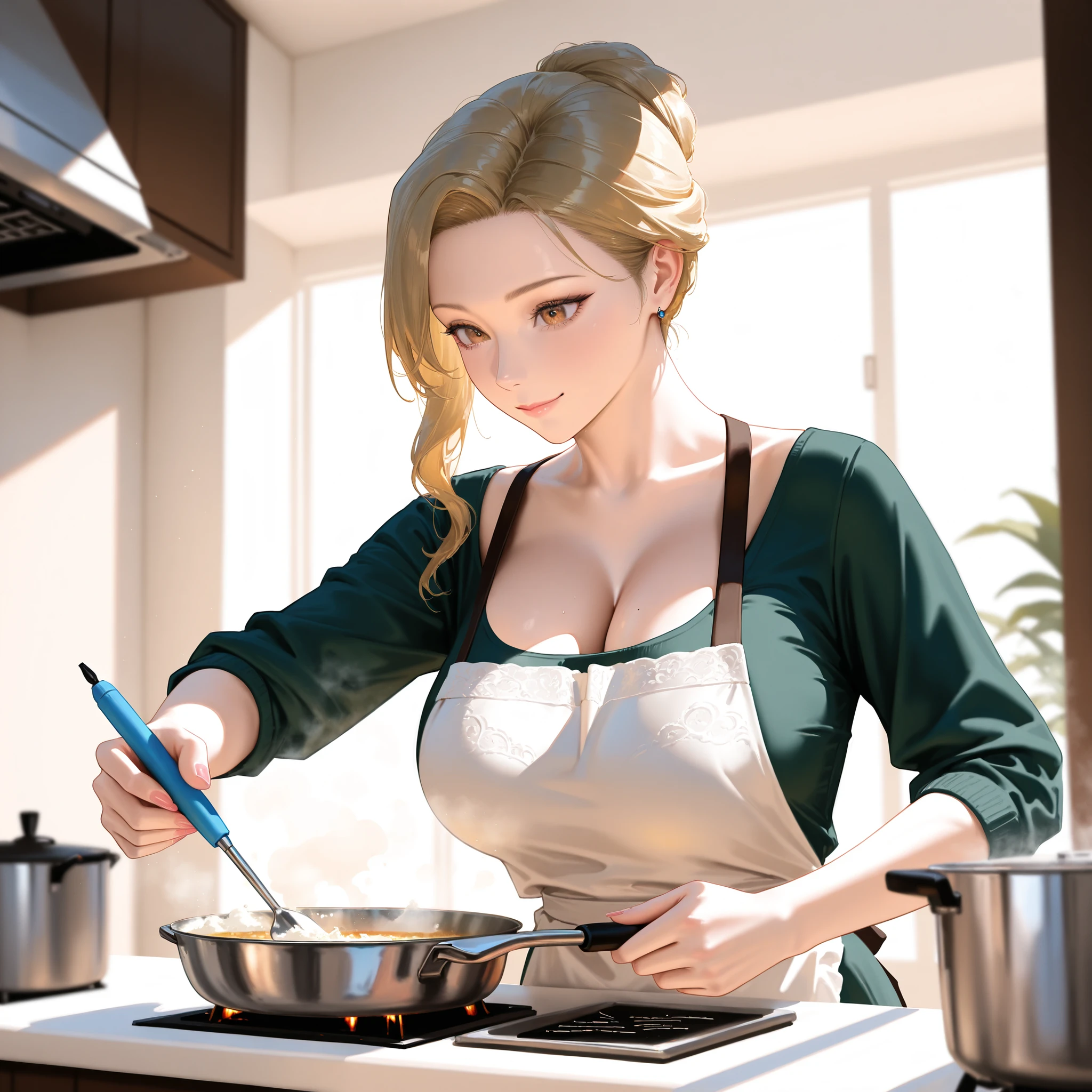 A sexy mature gwen, Ben 10, cooking seductively, (butt showing off), apron,sexy clothes, sexy women,short top, with a relaxed and confident demeanor. Desperate woman in Attempt to seduce the viewer, a Mother, (best quality, ultra-detailed, realistic), (vibrant colors:1.1), (studio lighting), (bokeh). (Trending on artstation