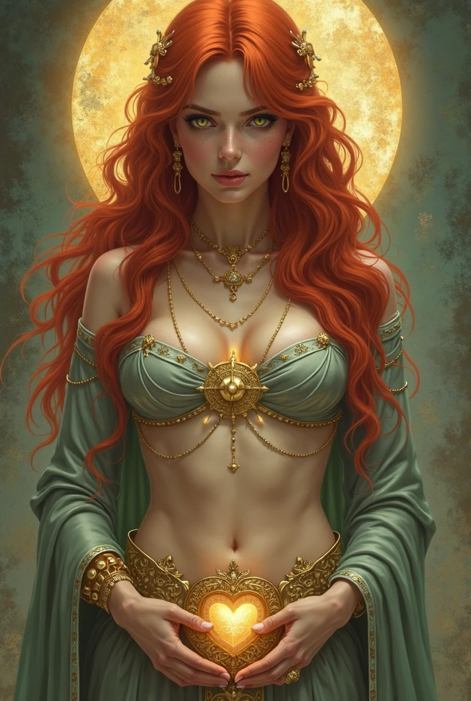 A full body of the exalted, red-haired goddess of the Amazons, in the radiant divine transparent-red-adorned ice-blue deep-cut open jumpsuit. She has a lightsabre, with a bright ice-blue glowing blade in her right hand and she is surrounded by a light green glow, illuminated by the sun, in an open temple with a circle in the center with eleven silver swords sticking upright on the floor. realistic, stunning realistic photograph, 3d render, octane render, intricately detailed, cinematic, trending on artstation, Isometric, Centered hipereallistic cover photo, awesome full color, hand drawn, dark, gritty, mucha, klimt, erte 12k, high definition, cinematic, neoprene, behance contest winner, portrait featured on unsplash, stylized digital art, smooth, ultra high definition, 8k, unreal engine 5, ultra sharp focus, intricate artwork masterpiece, ominous, epic, TanvirTamim, trending on artstation, by artgerm, h. r. giger and beksinski, highly detailed, vibrant