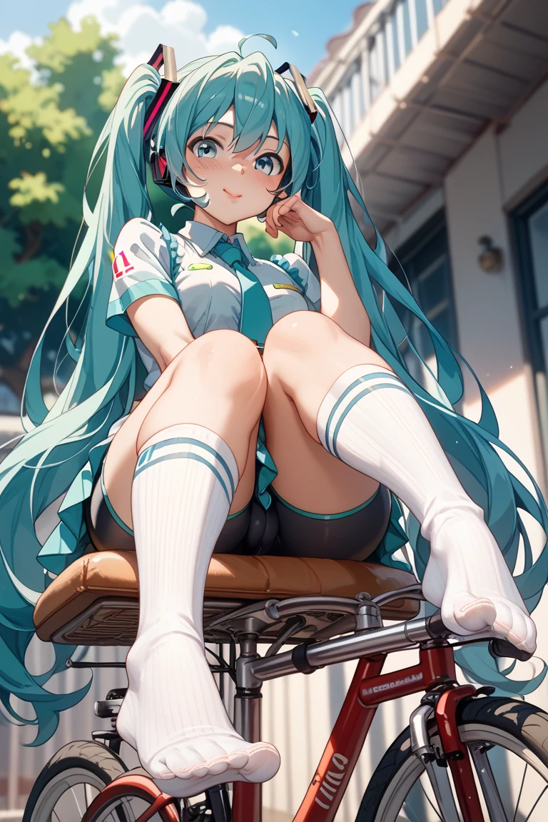 {best quality}, {{masterpiece}}, {highres}, extremely detailed CG,mature female,
1girl,solo,hatsune miku,teal buruma,gym shirt.mary janes,smile, medium breasts,
,full body, ,artist hasta, white pantyhose, school playground,sitting on edge