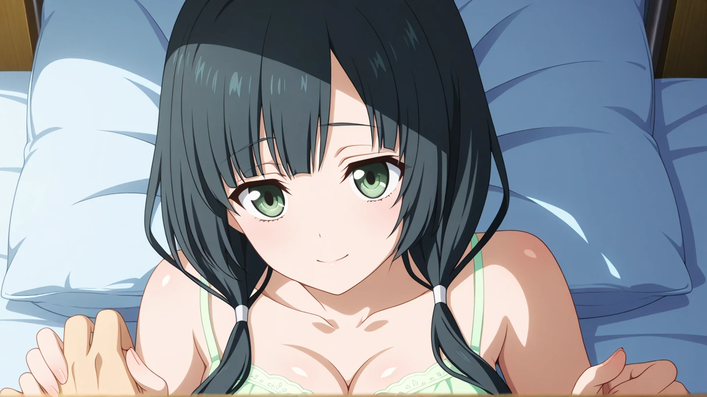 dvd cover, (High resolution:1.4), (masutepiece:1.2), (High quality:1.3) 1girl, saten ruiko, green eyes, long hair, black hair, small breast, smile