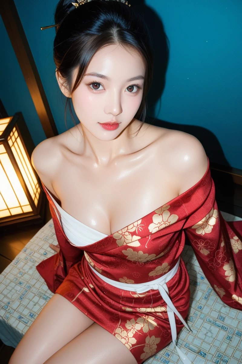Red kimono open shoulders open legs beautiful breasts stockings black background