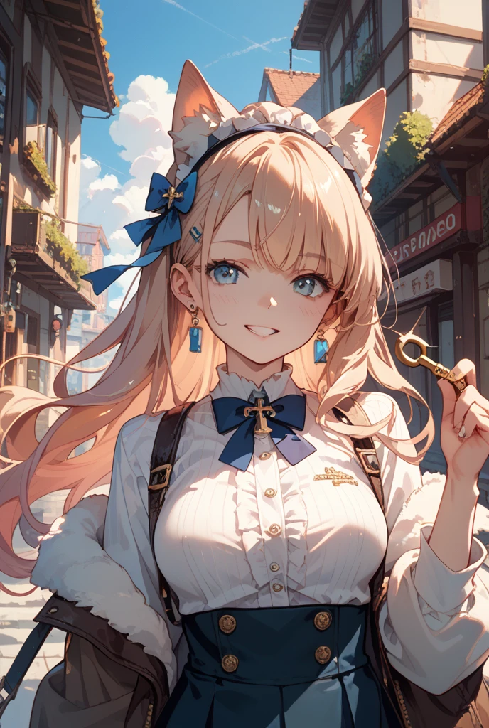 ((masterpiece)),(best quality),official art,extremely detailed CG,unity 8k wallpaper,ultra detailed,beautiful detailed eyes,extremely detailed face,1girl,solo,upper body,(portrait:1.5),looking at viewer,facing viewer,Komari Yui,blonde hair,very long hair,double bun,hair flower,hair ornament,frills,maid headdress,sidelocks,bangs,blue eyes,maid,black bow,puffy detached sleeves,long sleeves,cleavage,small breasts,skirt,zettai ryouiki,black thighhighs,loafers,<lora:Komari Yui(ksak)-remake>,