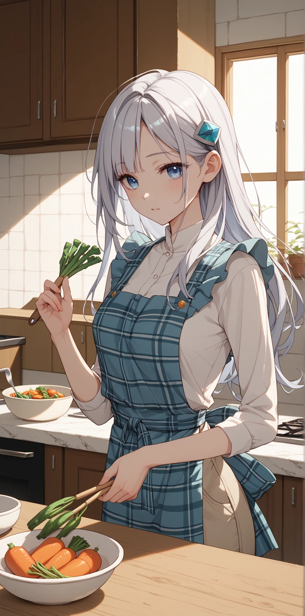 1 female female、upper body、Beautiful woman around 20 years old、long shiny silver hair、2-ply hair ornament、Kamihawa's、Slender with SMG、blue eyes、white skin、A woman with cool beauty characterized by blue eyes、long hair、straight hair、plaid apron、cutting vegetables with a kitchen knife 、simmering in a pot、The background is my kitchen