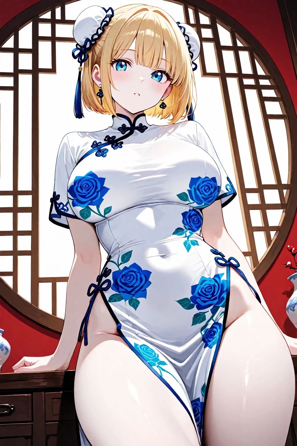 (masterpiece,highest quality,超A high resolution),Japanese women, (((Very beautiful 18 year old girl))), pretty girl、Look at the photographer、 ((Beautiful blonde bob hair)), Very cute face, Glossy Lips, Double eyelids on both eyes, blue eyes, Natural smile、 Natural Makeup, Long eyelashes, Shiny and smooth hair、Center image, Perfect limbs, Perfect Anatomy,(((Shiny Chinese Dress white panties))),Bite、Streaks are visible、Wet with sweat,Cowboy Shot,