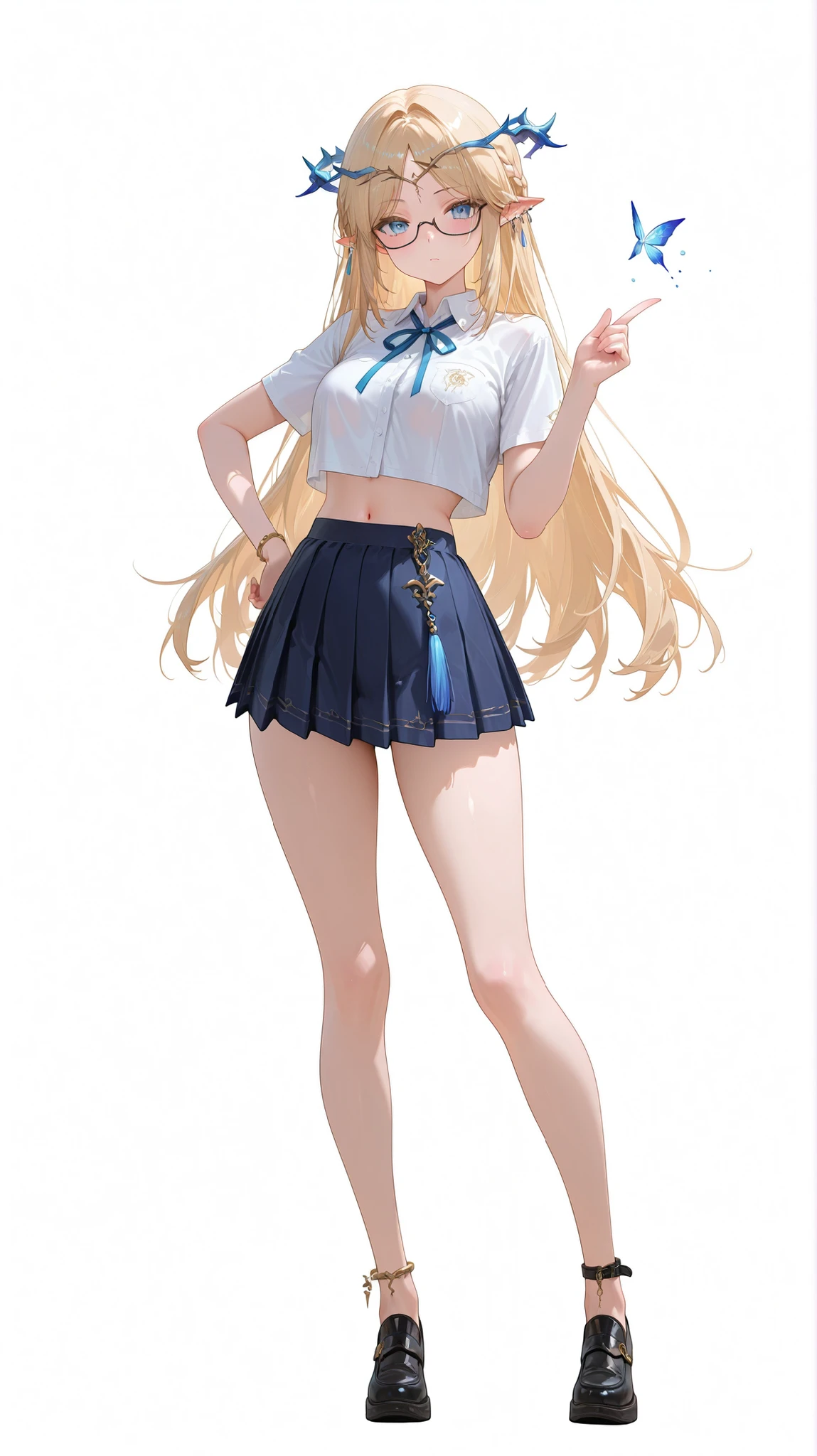 masterpiece, top quality, best quality, official art, beautiful and aesthetic:1.2),(8k, best quality, masterpiece:1.2), (((masterpiece))),(((best quality))),(((extremely detailed))), illustration, who, (masterpiece, top quality, best quality, official art, beautiful and aesthetic:1.2),(8k, best quality, masterpiece:1.2), 1girl,cartethyia_\(wuthering_waves\),solo,blue eyes,long hair,jewelry,pointy ears,blonde hair, braid,tiara, white background, simple background, 1girl, skirt, solo, long hair, shirt, blue eyes, glasses, white shirt, hand on own hip, pleated skirt, blue skirt, shoes, navel, black footwear, white background, looking at viewer, short sleeves, full body, collared shirt, blonde hair, neck ribbon, ribbon, index finger raised, midriff, very long hair, simple background, standing, pointy ears, school uniform, crop top, black-framed eyewear, breasts, virtual youtuber, blue ribbon, parted bangs, semi-rimless eyewear, miniskirt, piercing