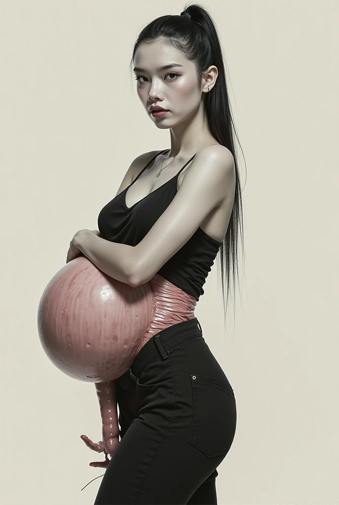 pregnant woman in black bodysuit with large belly standing in studio, insanely inflated hips, woman is curved, pregnant belly, glass ball at the waist, her belly is fat and round, pregnant female cyborg, pregnancy, looking to the side, widest hips, 3 d render of a full female body, side portrait, back facing, spherical body