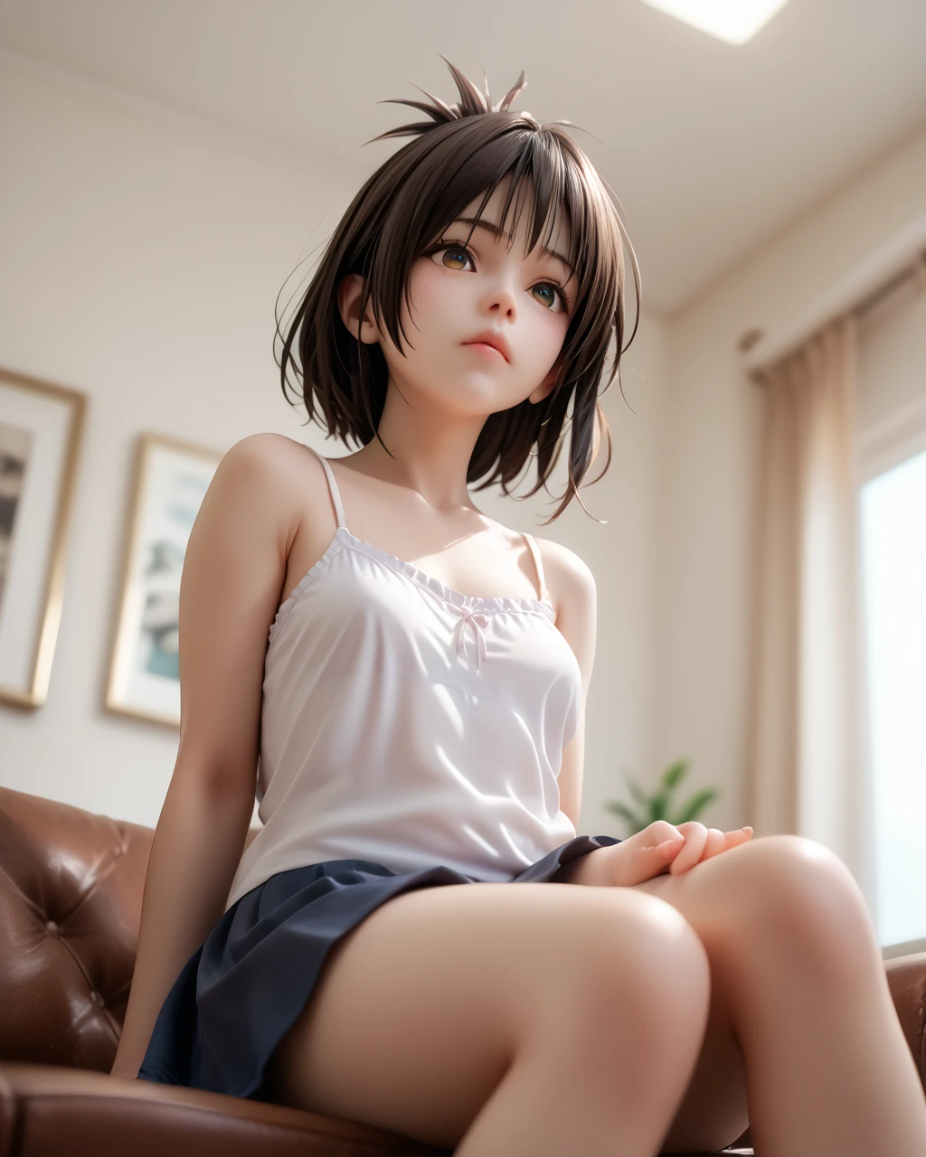 high-definition images, atmospheric perspective, 8k, super detail, accurate, best quality, single shot, (a woman is masturbating with the corner edge of the table, lean on the table), slut, ((orgasm, ecstasy face)), (blush), dark brown pupil, open mouth, ((drooping eyes, blush)), ((sleepy)), (angle from below), (outside, eccentric place), (eccentric pose), chest, tiny earrings, short bob, pinches chest,