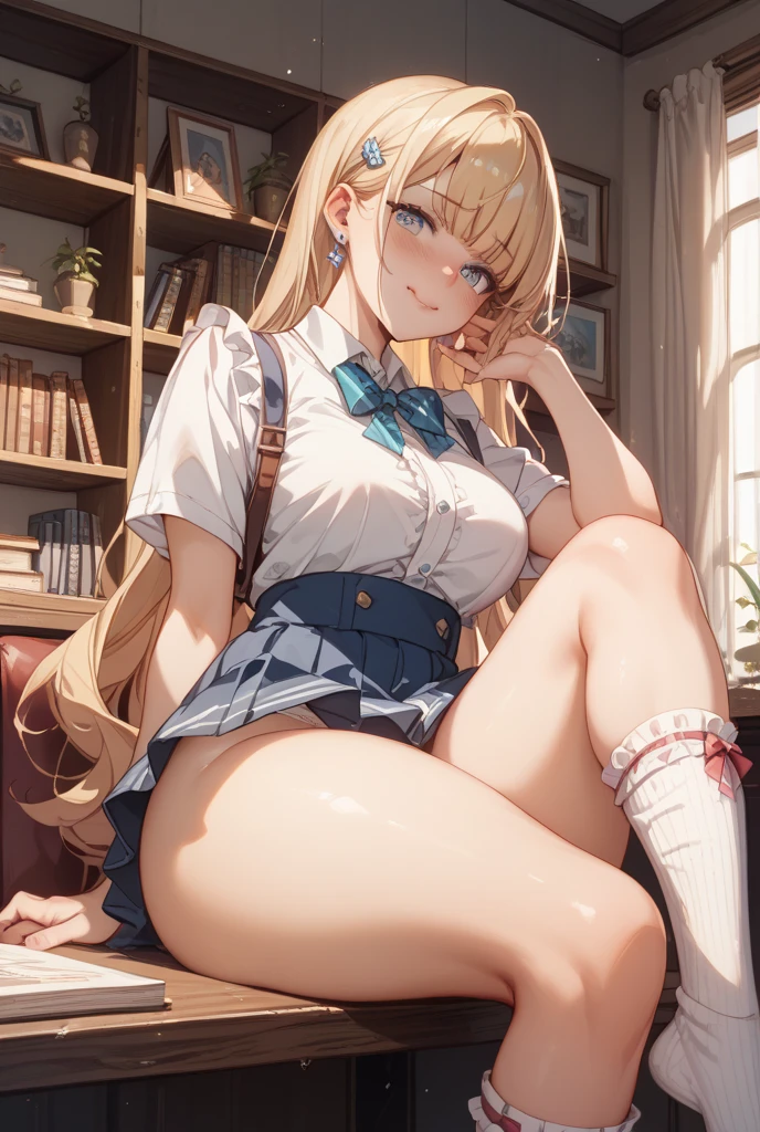 dsann, twin tail, golden hair, sitting with legs apart revealing her panties, wearing a short skirt, thick muscular thighs, large round buttocks, looking down with a seductive smile, masterpiece, 4k