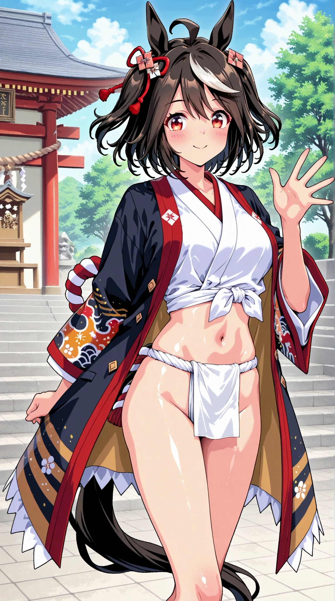 ((Highest quality)),(detailed), (アニメ),One girl, sexy,(Kimono over naked),short hair,(NSFW),standing,exposure play,tiny breasts,stripping off her clothes to show her body,sweat,(Japanese wooden clogs), traditional Japanese design