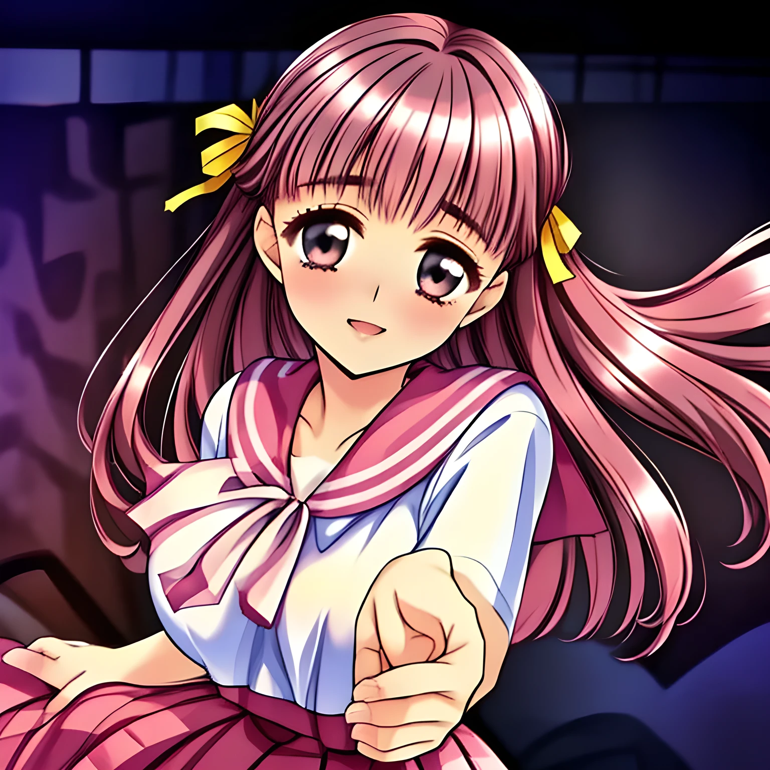 (highest quality, masterpiece:1.5), highest quality, High resolution, 1080p, 8K, (Too beautiful, neatest elder Sakuragi mai, Girl's love-story comic heroine, ((Too much beloved)) noble grown beautiful beautiful lady with detailed is in a darkness, controlling my mind and heart by her charm and uniform and skirt, telling me sweetest hypnotizing words, understands my deep hidden desire very well with her profound intelligence: 1.4), (laughing white face with unreal beauty, overflowing with translucence: 1.0), ((Neatest (Sakuragi Mai)'s light-pink sailor-style school uniform and ((middle length plaid skirt)): 1.6)), (Too beautiful dreamy eyes and neatness charm me), (Nothing background except darkness, shiny foreground: 1.9), ((purity and neatness is very impressing): 1.8), (Half body shot: 1.0), (Beautiful blue eyes), (shiny pink super-long wavy hair, braids-half-up), (golden ear accessories and pendant), (Diamond rings)