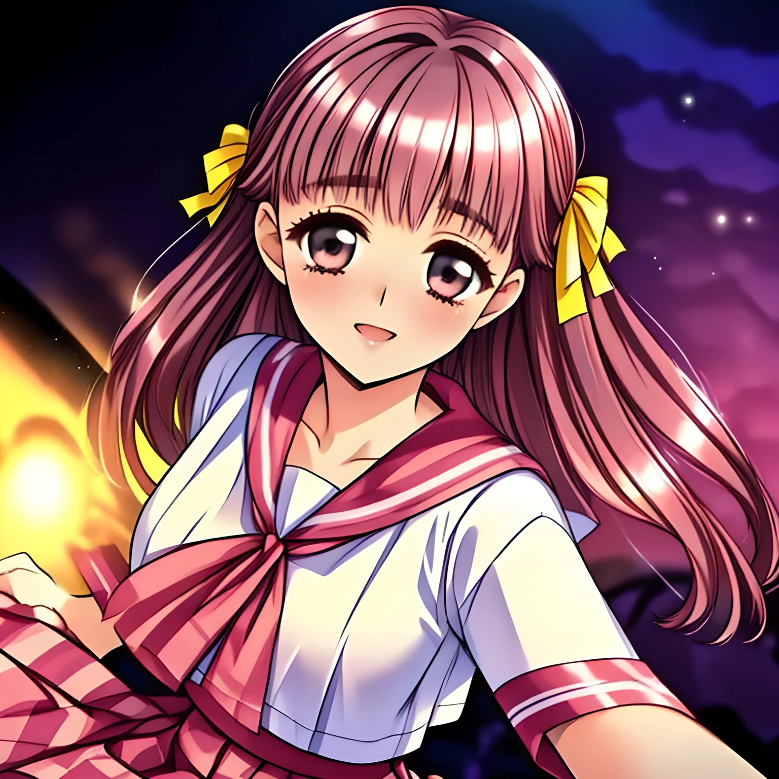 (highest quality, masterpiece:1.5), highest quality, High resolution, 1080p, 8K, (Too beautiful, neatest elder Sakuragi mai, Girl's love-story comic heroine, ((Too much beloved)) noble grown beautiful beautiful lady with detailed is in a darkness, controlling my mind and heart by her charm and uniform and skirt, telling me sweetest hypnotizing words, understands my deep hidden desire very well with her profound intelligence: 1.4), (laughing white face with unreal beauty, overflowing with translucence: 1.0), ((Neatest (Sakuragi Mai)'s light-pink sailor-style school uniform and ((middle length plaid skirt)): 1.6)), (Too beautiful dreamy eyes and neatness charm me), (Nothing background except darkness, shiny foreground: 1.9), ((purity and neatness is very impressing): 1.8), (Half body shot: 1.0), (Beautiful blue eyes), (shiny pink super-long wavy hair, braids-half-up), (golden ear accessories and pendant), (Diamond rings)