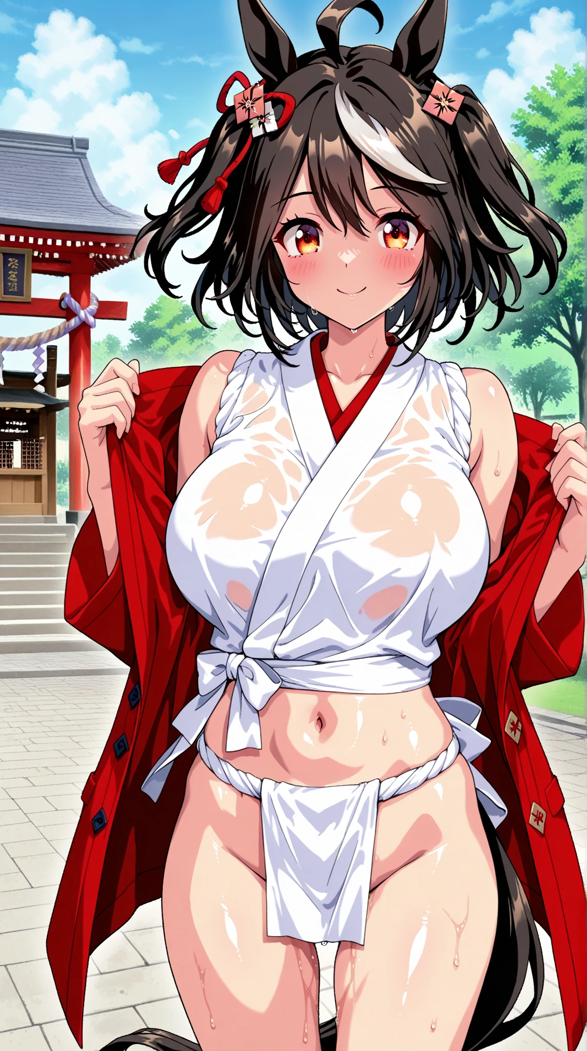 (2000's Anime, anime screencap, cel shading, high resolution, Clean brush strokes, perfect anatomy, NSFW), outdoors, stadium, open air background, selfie, 1girl (Solo:1.5), eyebrows visible through hair, black very short bob cut hair, hair ornament, green eyes (beautiful detailed eyes:1.2), smile, soft brush, open mouth (put out tongue:0.0), de pele branca, full body, mature body, full nudity, crouching, skinny arms (female armpit hair:0.0), japanese kimono (breasts out of white color kimono:1.0), gigantic breasts (alternate breast size:1.5), natural saggy tits (long pointed breast:1.5), wide areolae (ebony areolae:1.5), highly detailed areolae (glands of montgomery:1.5), puffy nipples (inverted nipples:1.5), bouncing breasts, squatt (spread legs:1.1) (female pubic hair:0.0), small ass, narrow thighs, skinny legs, bare legs, kneepits, tiptoes, barefoots, no shoes,