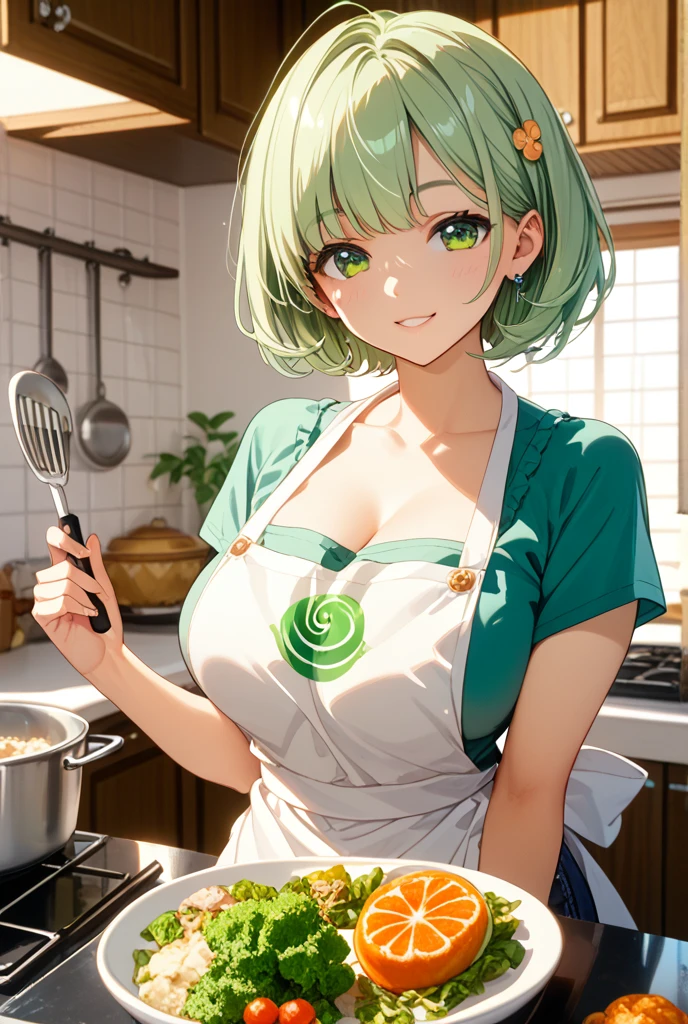 masterpiece, absurdres , (intricate details), (colorful),cinematic lighting, bust shot, extremely detailed CG unity 8k wallpaper, 1girl, Mikita,  with short blond hair,  dark eyes bright green, complete Apron, nude, naked apron, kitchen, blush, looking at viewer, Mikita, 