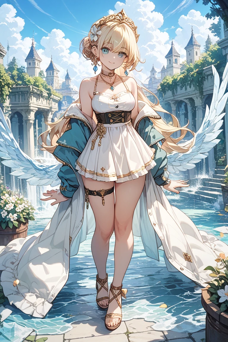 Evelina, a 50-meter-tall deity, emerges from her dawn-lit cavern. Her glowing golden skin and fiery wavy hair fall over her shoulders. Standing on a plain, her majestic and seductive posture features one leg forward and one hand on her hip. Her piercing gaze and suggestive smile mesmerize the humans at her feet, while her perfect body exudes an aura of divine eroticism.