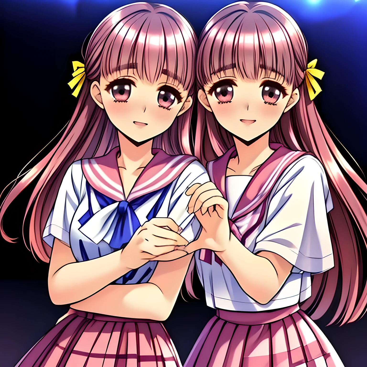(highest quality, masterpiece:1.5), highest quality, High resolution, 1080p, 8K, (Too beautiful, neatest elder Sakuragi mai, Girl's love-story comic heroine, ((Too much beloved)) noble grown beautiful beautiful lady with detailed is in a darkness, controlling my mind and heart by her charm and uniform and skirt, telling me sweetest hypnotizing words, understands my deep hidden desire very well with her profound intelligence: 1.4), (laughing white face with unreal beauty, overflowing with translucence: 1.0), ((Neatest (Sakuragi Mai)'s light-pink sailor-style school uniform and ((middle length plaid skirt)): 1.6)), (Too beautiful dreamy eyes and neatness charm me), (Nothing background except darkness, shiny foreground: 1.9), ((purity and neatness is very impressing): 1.8), (3/4 body shot: 1.0), (Beautiful blue eyes), (shiny pink super-long wavy hair, braids-half-up), (golden ear accessories and pendant), (Diamond rings)