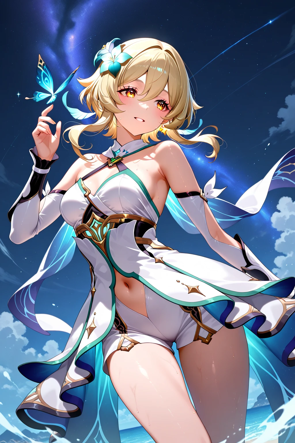 young boy, longue blonde hair, elf ears, turquoise eyes, Yellow in the upper right corner, short, Transparent, open belly, fishnet tights, Masterpiece, hiquality