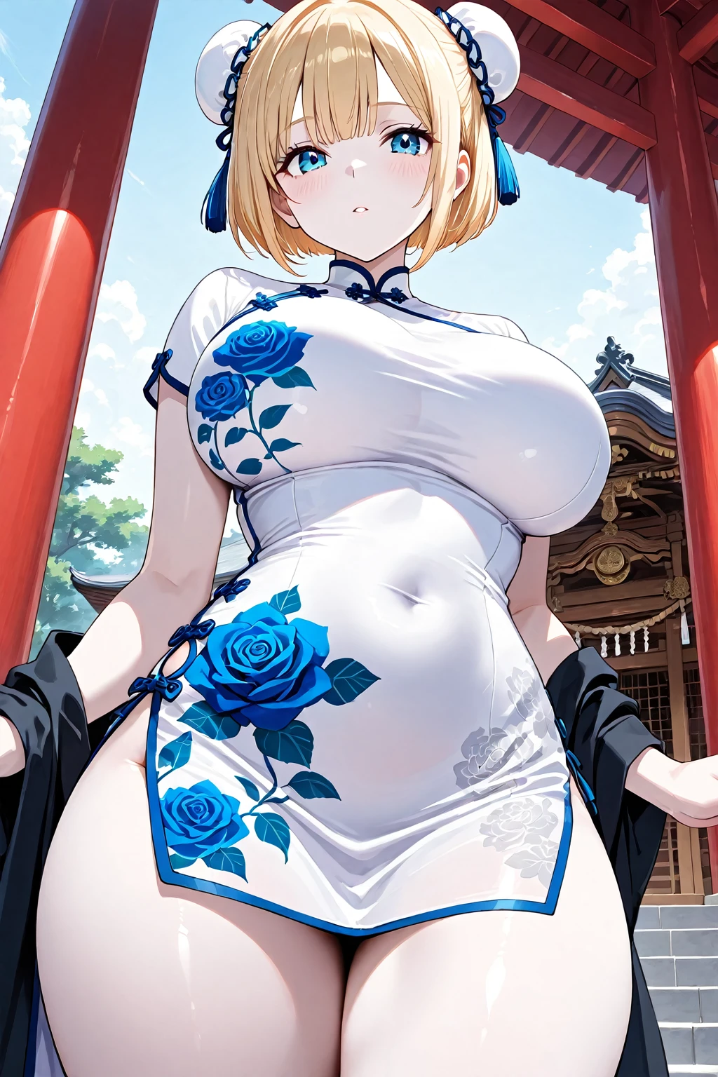 Erotic Anime Illustration、High resolution、A plump dark-skinned lady shows off her crotch in a Chinese-style palace.、intricately patterned cheongsam、beautiful eyes、blush and laugh、lovelive、Kagamine Rin、Overwhelming huge breasts that go beyond common sense、perfect proportions、cowboy shot、Estrus、spread legs