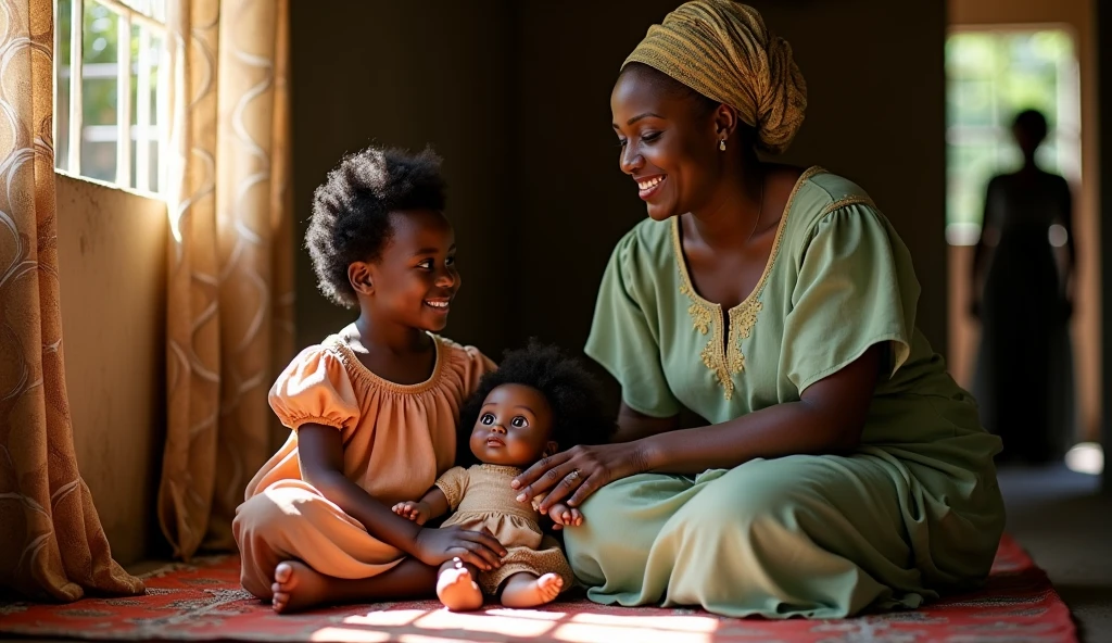 Pale skin Kurdish woman in hijab embracing her ebony African baby sitting in village room view from up laughing
