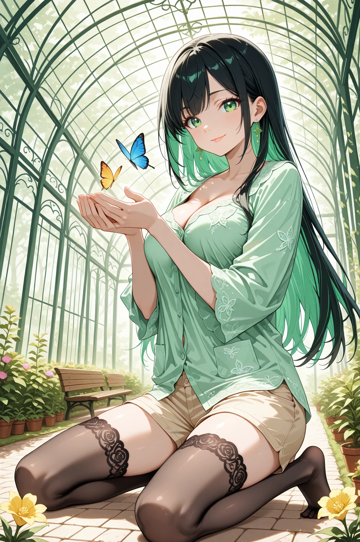 masterpiece, anime artwork, score_9_up, score_8_up, flat anime style, 1girl, 20 years old, delicate Japanese facial features, soft angular jawline, high cheekbones, small refined nose, naturally arched eyebrows, large expressive emerald green eyes with intricate kaleidoscopic iris patterns, detailed pupils with forest reflections, sparkling highlights creating natural depth, peaceful smile with gentle expression, long natural eyelashes BREAK (black hair:1.3), silky smooth straight long hair with individual strand definition, natural flow reaching lower back, detailed hair texture with midnight shine, glossy surface reflecting garden light BREAK porcelain-smooth skin with subtle translucency, natural healthy glow, realistic skin texture, content smile with soft pink lips BREAK light green cotton blouse with delicate floral embroidery, fabric flowing naturally, buttons straining slightly revealing modest cleavage, khaki shorts with utility pockets, black translucent stockings with subtle vine patterns BREAK from an angle, upper body shot, gardening pose with hands holding small potted plant, kneeling position among flower beds, nurturing gesture BREAK beautiful botanical garden, natural sunlight filtering through tree canopy, detailed flower beds with various colorful blooms, ornate greenhouse structures in background, garden tools with realistic wear, wooden benches with natural grain, butterflies with individual wing patterns, atmospheric depth with dappled lighting, peaceful natural environment