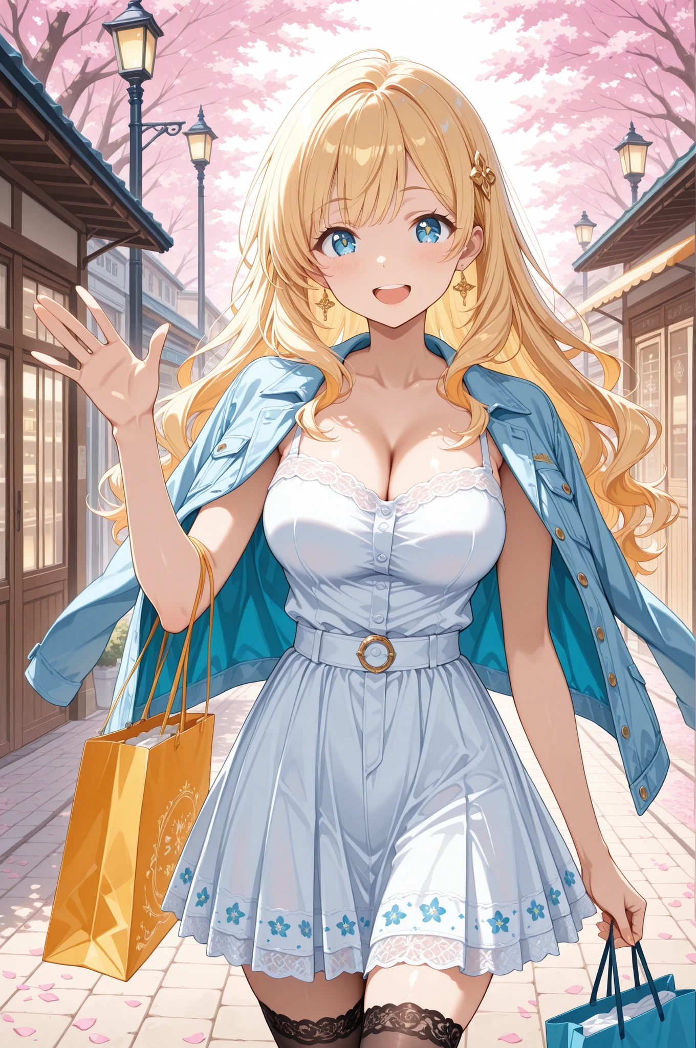 masterpiece, anime artwork, score_9_up, score_8_up, flat anime style, 1girl, 20 years old, delicate Japanese facial features, soft angular jawline, high cheekbones, small refined nose, naturally arched eyebrows, large expressive sapphire blue eyes with intricate kaleidoscopic iris patterns, detailed pupils with crystalline clarity, sparkling highlights creating joyful depth, bright genuine smile with visible teeth, long natural eyelashes BREAK (gold hair:1.3), silky smooth wavy hair with individual strand definition, bouncy movement from walking, detailed hair texture with golden shine, glossy surface reflecting warm sunlight BREAK porcelain-smooth skin with subtle translucency, natural healthy glow, realistic skin texture, radiant smile with rosy cheeks, happiness evident in every feature BREAK yellow sundress with tiny floral prints, detailed fabric texture with cotton weave, flowing skirt with natural drape, modest neckline revealing subtle cleavage, white denim jacket over shoulders, black translucent stockings with delicate lace trim BREAK from an angle, upper body shot, walking pose with one hand holding shopping bags, other hand waving cheerfully, energetic movement captured mid-stride BREAK busy shopping district, natural afternoon lighting, detailed storefronts with colorful displays, pedestrians in soft focus background, street vendors with detailed merchandise, decorative street lamps with ornate metalwork, scattered cherry blossom petals, atmospheric depth with urban bokeh, lively commercial atmosphere