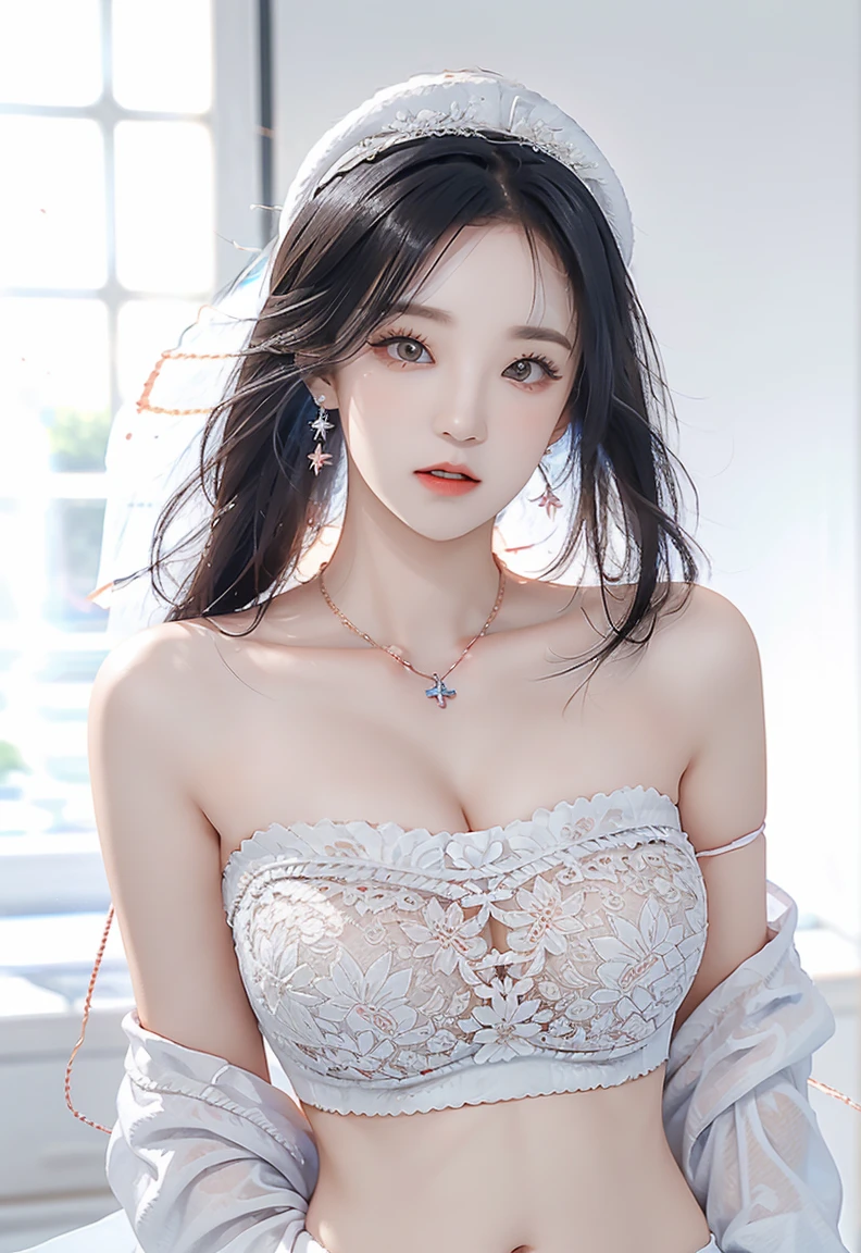 1 young empress wearing blue lace top, deep-breasted nightgown, Chinese-style clothes, ancient costumes with many phoenix patterns, flawless white and pink face, crown on her head, black hair hip length, very beautiful and sharp brown eyes, small red lips, painted lips, charming smile, jewelry worn around the neck, earrings, white and even teeth, high nose, big round breasts, elongated legs, thin mesh black socks, whole body capture, portrait, most realistic, highest quality, best pixels, 8k ultra,