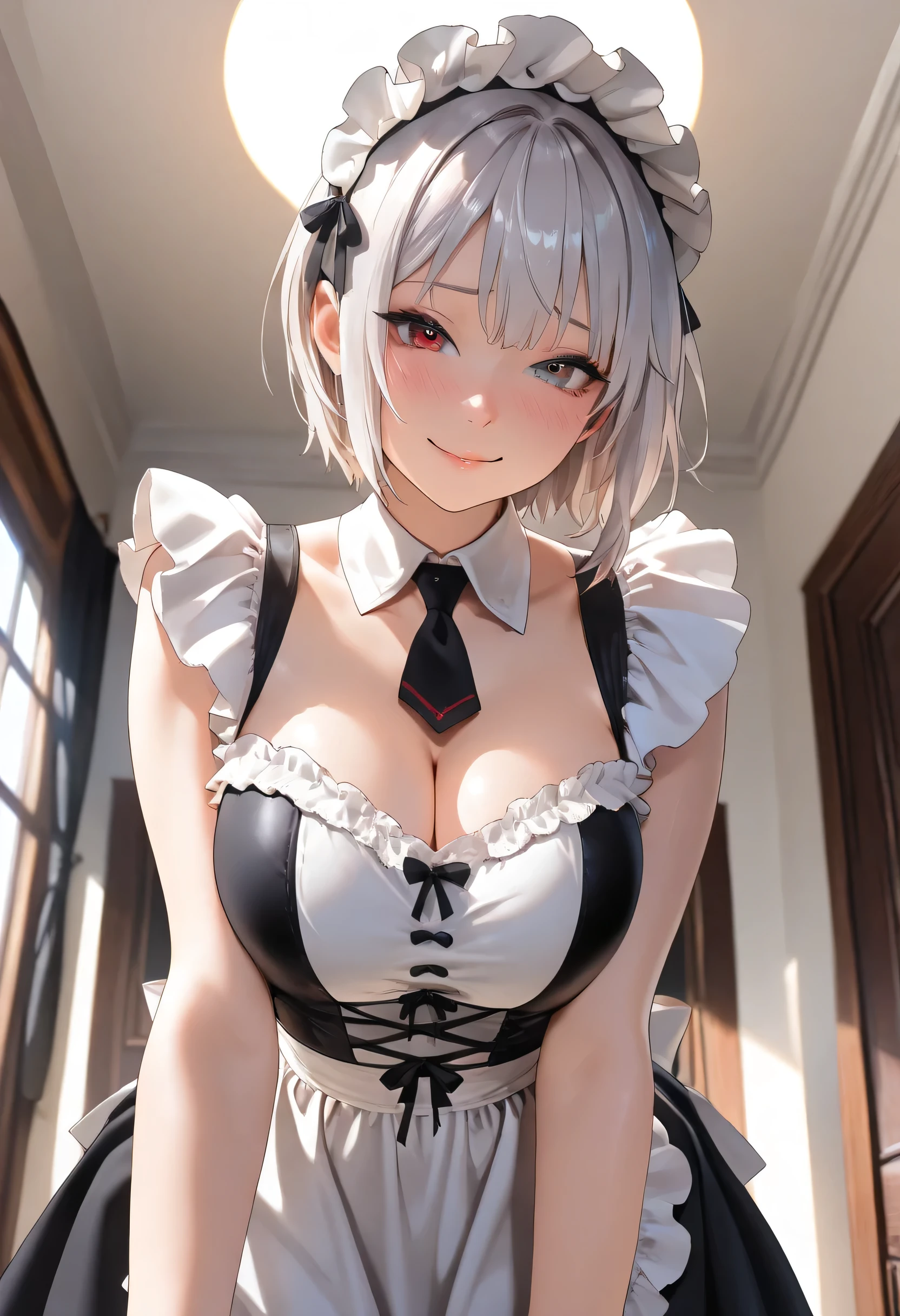 (Top resolution、Distinct_image)top-quality、femele、masterpiece、ighly detailed、Semi-realistic, ID photo, Face enlargement, 比基尼, Cool backgrounds(((Masterpiece))), top quality, super detailed, blush, cute and playful, wet and cleavage maid clothes, cleavage, maid clothes, garter belt, embarrassed face, silver hair, fluffy hairstyle, (((Colossal))), heart-emitting eyes, cute, heart-shaped pupils, little girl.