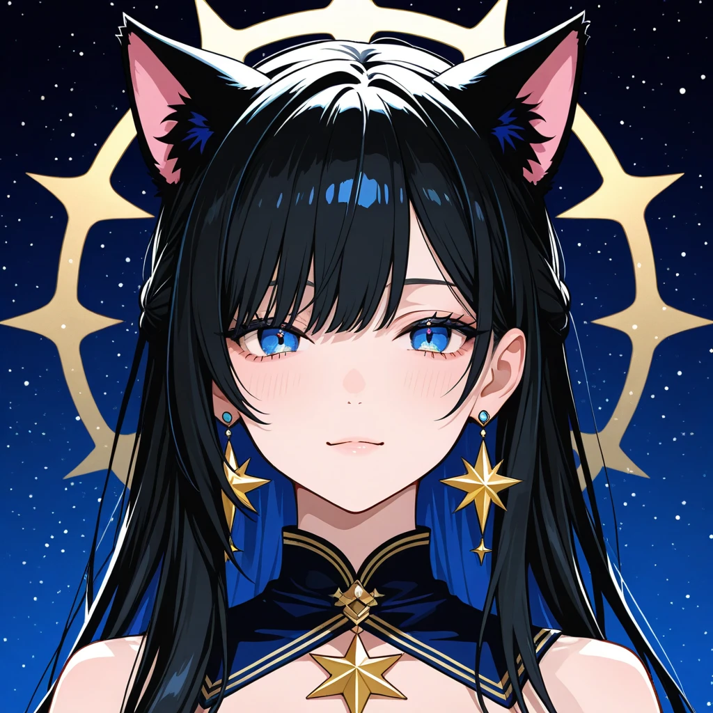 beautiful girl, with long black hair, heterochromatic eyes (blue/yellow), no smile, very sad appearance, black dress, looking down, with black and gold angel wings and a cat ear tiara, bright colors (at the bottom written "Prisma")