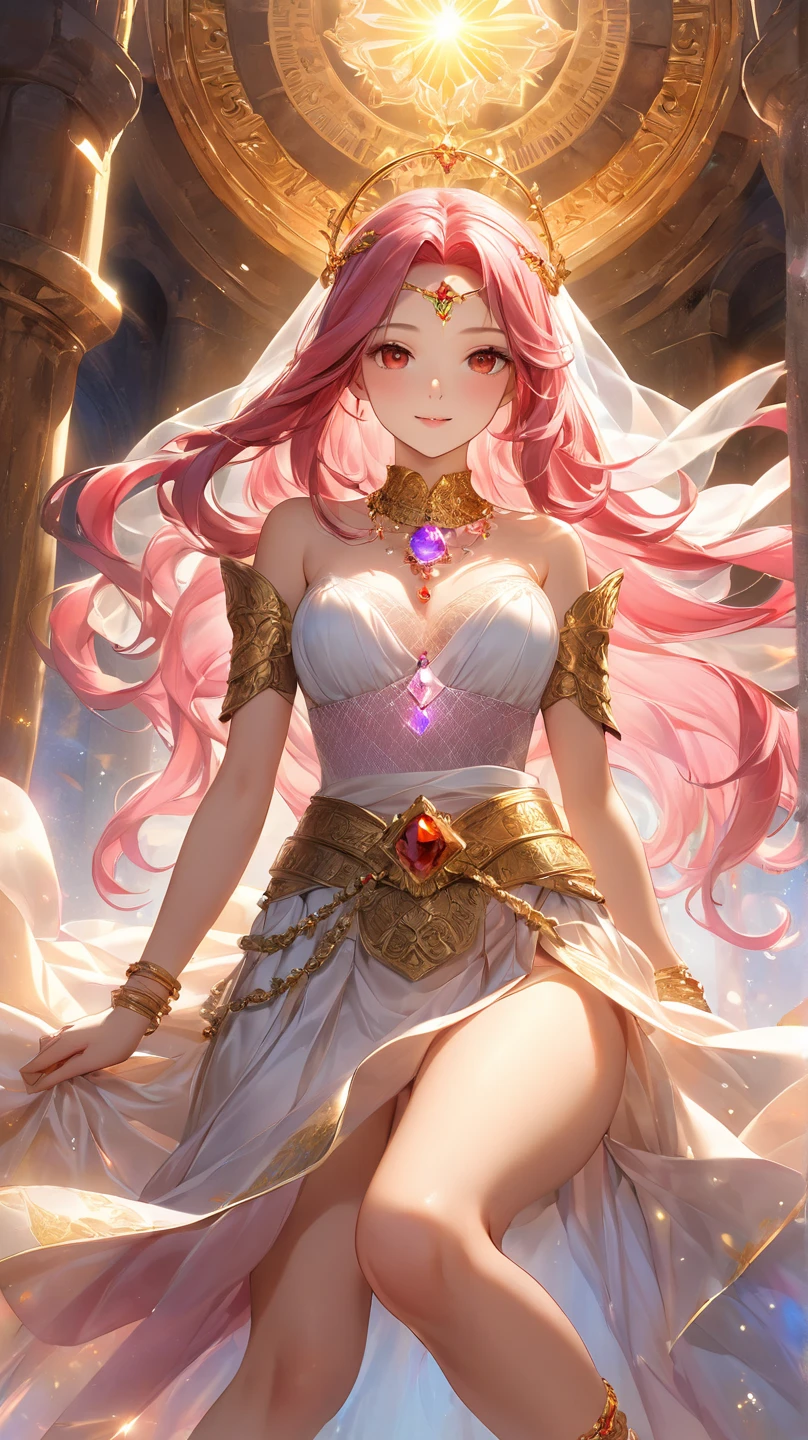 ((best quality)), ((artwork)), ((extremely detailed face)), ((perfect lighting)), ((extremely detailed CG)), ((perfect hands, perfect anatomy)), 
Appearance= Tall, slender, voluptuous figure, large bust, narrow waist, curvaceous butt, light skin, youthful, ravishingly beautiful, high forehead, delicate features, full lips; sapphire eyes; very long, flowing pink hair
Personality= Kind, generous, virtuous. Clothing= Long sleeveless white dress greek style, wide gold necklace around her body to the waist
Occupation= Dawnstar, Princess Starfall
Reputation= The most beautiful woman in the world
