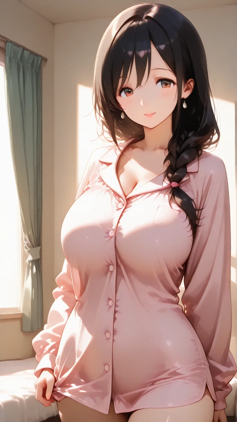1girl,perfect ,black hair, long hair, (hair over one eye:1.4), messy hair, hair between eyes, plump chubby,fat, busty breast, cute motif pajama, cute shy blush on , bedroom