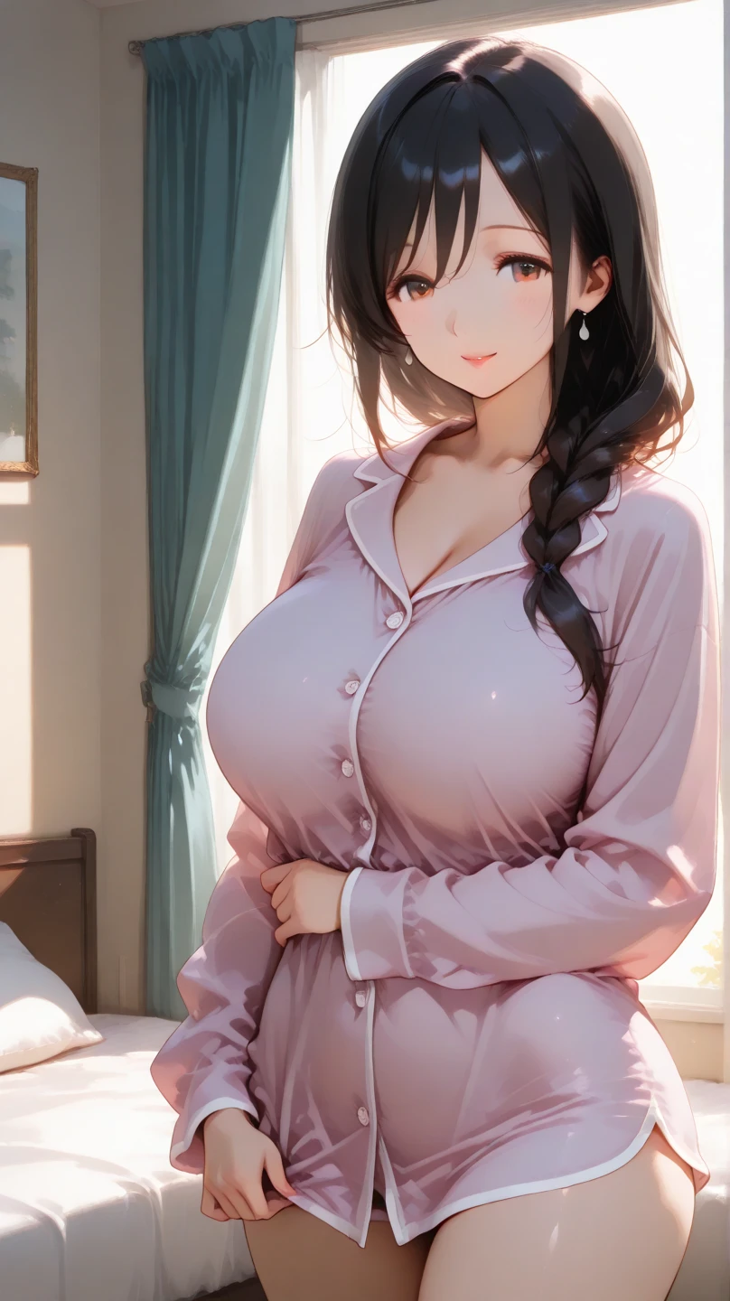1girl,perfect ,black hair, long hair, (hair over one eye:1.4), messy hair, hair between eyes, plump, chubby,fat, saggy breast, cute motif pajama, cute shy blush on , bedroom
