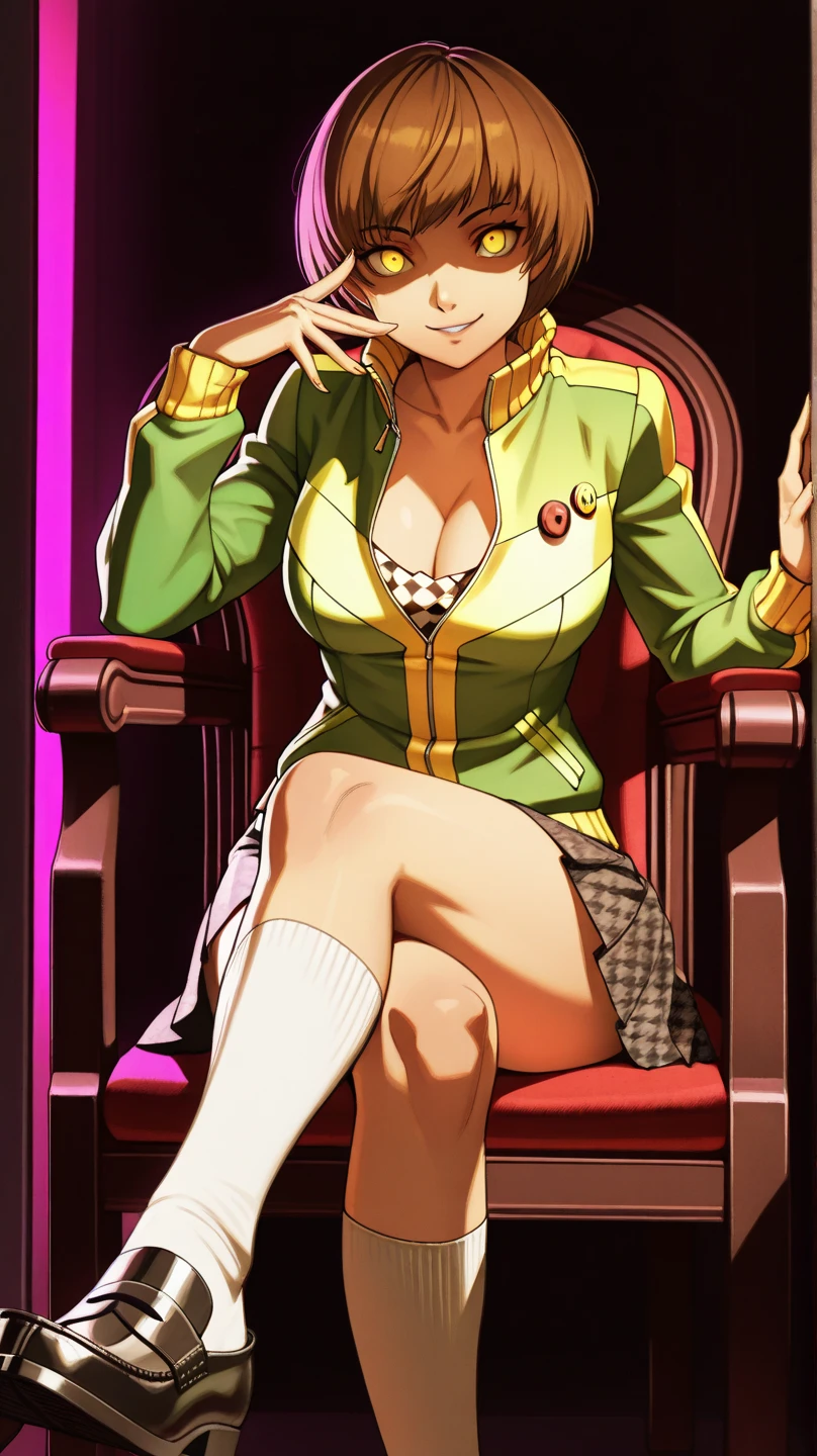 ((super high quality,Ultra-high resolution,16K,super masterpiece,Ultra HD ,Detailed shading,))Dimly lit bedroom,((One woman,Sexy older sister)),Cleavage,Yellow jumpsuit,White belt at waist,popped Tight collar,smile,blush,Sweaty,Looking straight ahead,holding a microphone in his hand,A small amount of drooling,Love juice from the crotch,slouch,