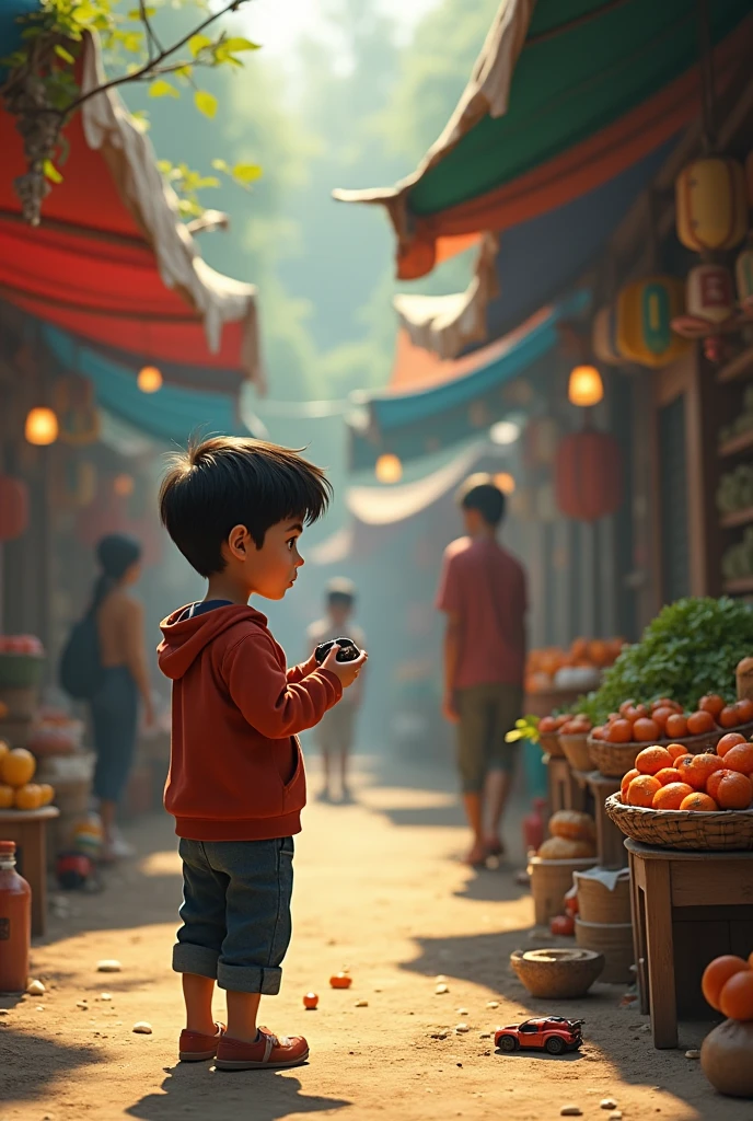 A boy stand in the market with a bag the market is fulfil eith peoeple