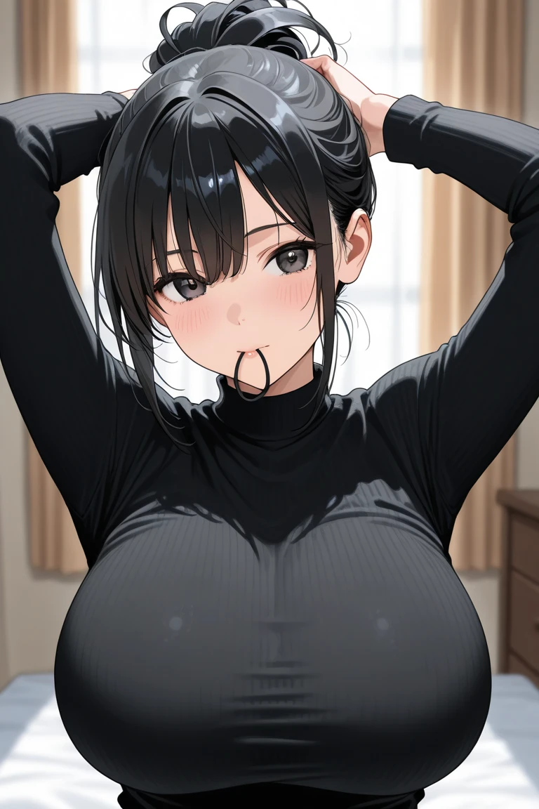 Cute, mature women,chubby cheek,sexy,realistic skin,huge saggy breast,muted colours,pale white skin,black hair, long hair, (hair over one eye:1.4), Messy hair,hair between eyes ,low pony tail,sleepy eyes ,pucker lips,smeared lipstick,pubic hair pussy,dense pubic hair, cute shy blush on