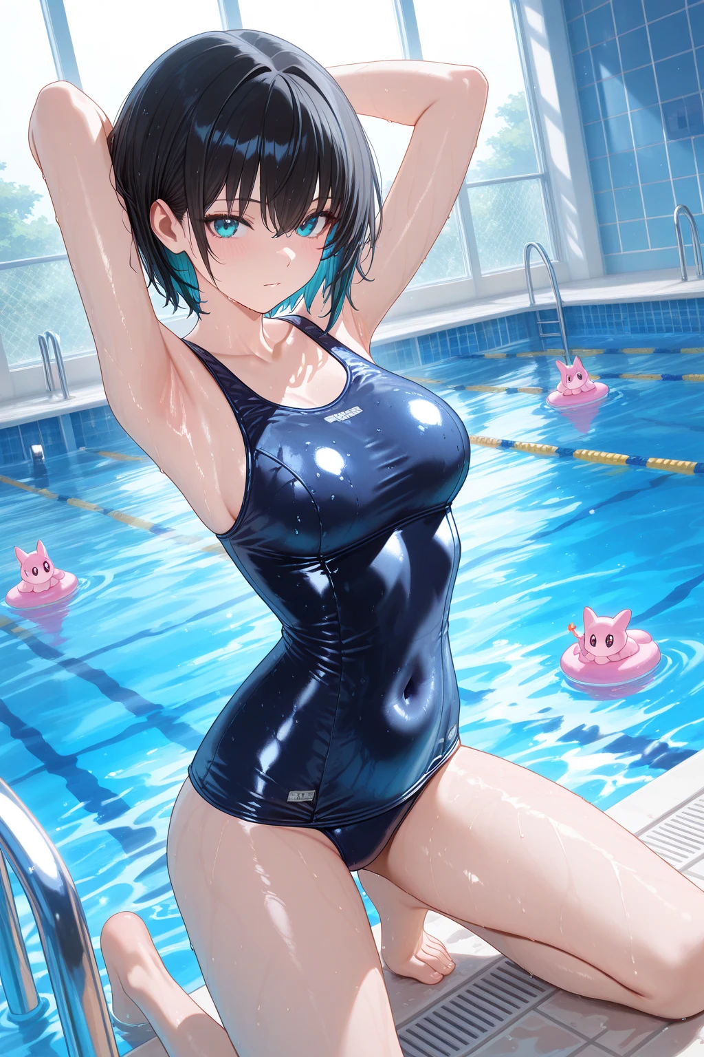 Erotic twins in the pool with black erotic clothing
