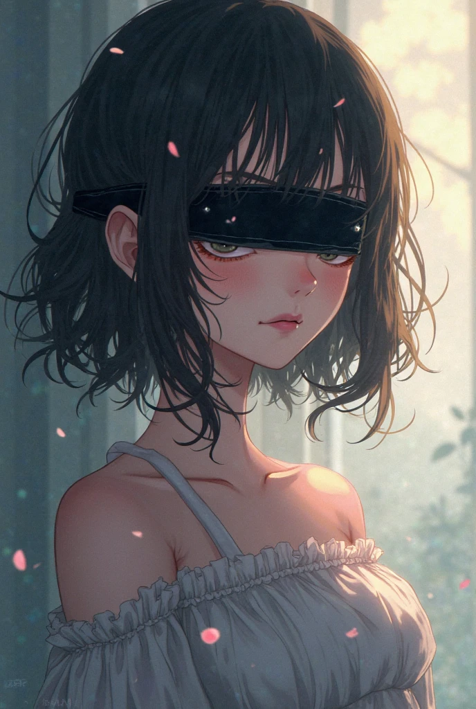 (masterpiece, top quality, best quality, official art, beautiful and aesthetic:1.2),
blindfold, solo, 1girl, open mouth, short hair, long sleeves, bangs, smile, upper body, bandages, shirt,
extreme detailed,highest detailed, optical mixing, playful patterns, lively texture, unique visual effect