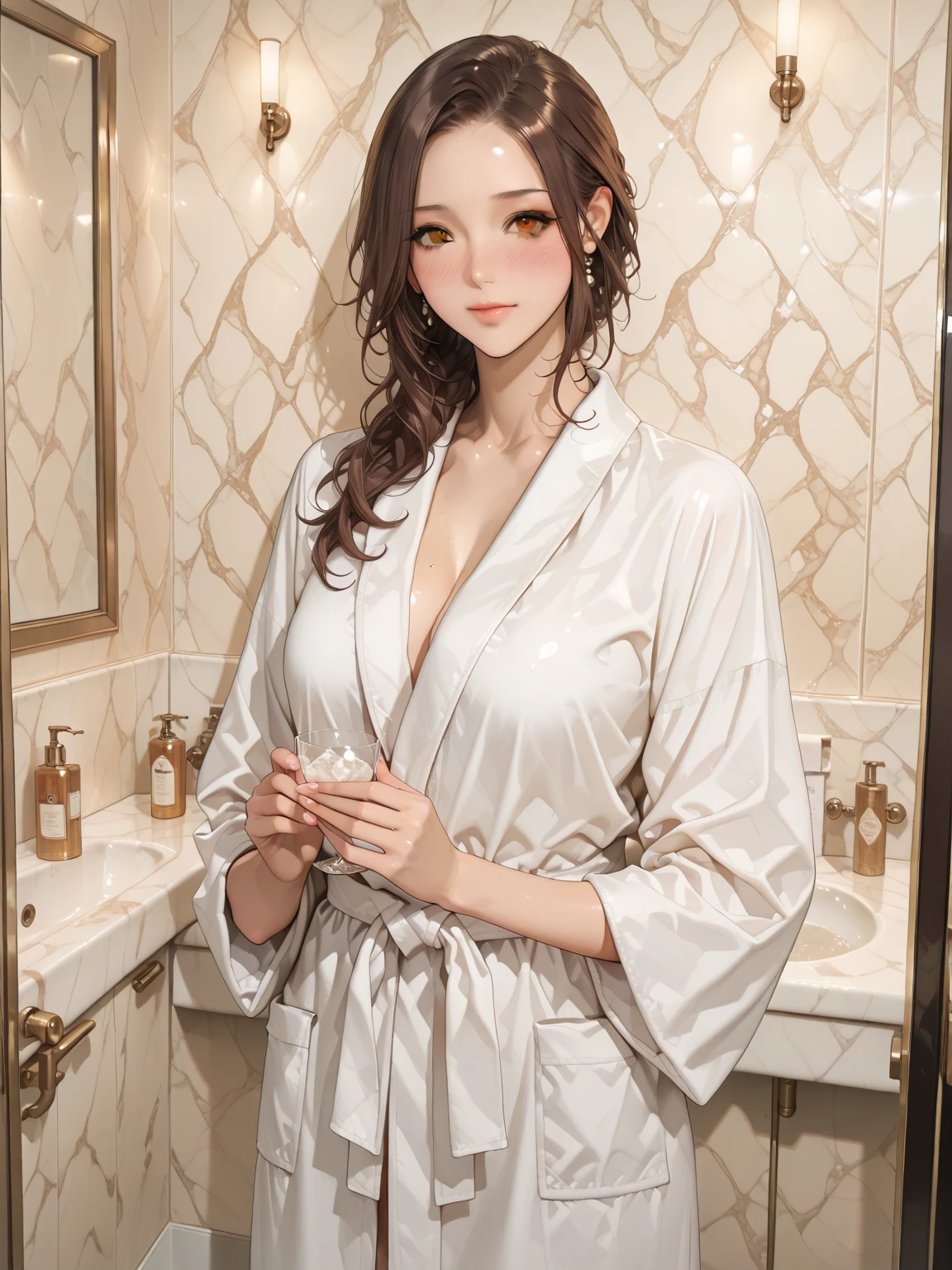 (best quality, 8k,32k,masterpiece, UHD:1.2),extremely detailed CG unity 8k wallpaper,intricate details,Raw photo,(photorealistic:1.4),atmosphere,ultra high res,Realistic,Real,Huge_filesize,incredibly absurdres,(centered:1.3),Ultra illustration,(ultra-detailed),cinematic lighting,various colors,depth of field,art by krenz cushart,golden hour lighting,taken by Canon EOS,SIGMA Art Lens 35mm F1.4,ISO 200 Shutter Speed 2000,blurry background,
BREAK,
1girl,(smile:1.3),slim body,(long straight hair:1.4),solo,20-year-old Japanese beautiful woman,(white bathrobe:1.5),(brown hair:1.5),((brown eyes)),Large breasts,chest, Soft white skin that shines with every detail,pale skin,Very beautiful face,Very well-formed face,Natural and realistic face,Best,beautiful detailed eyes,striking eyes,Eyes drawn in detail, smile with your mouth closed,Detailed mouth,Detailed lips,shiny beautiful lips,Glossy lips,simple earrings,necklace,jewelry, solo focus,low neckline,
BREAK,
Back lighting,kool,Standing,
BREAK,
(Dutch angle:1.4),cowboy shot,looking at viewer,
BREAK,tzuyu,yui aragaki,