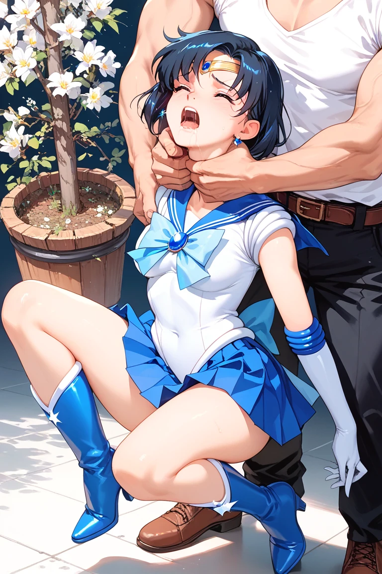 masterpiece, Highest quality, High resolution, Realistic, Show more1, tiara, Sailor Warrior Uniforms, Blue Skirt, Blue sailor collar, tiara, bow, Knee Boots, Forehead choker, White gloves, ((blue choker)), elbow gloves, jewelry, Earrings, Pleated skirt, Deep blue hair, Lying in bed, Angle from below, ((Spread:1.3)), (Showing nipples:1.3), Spread your legs, ((1 boy and 1girl are having sex on bed:1.5)),
